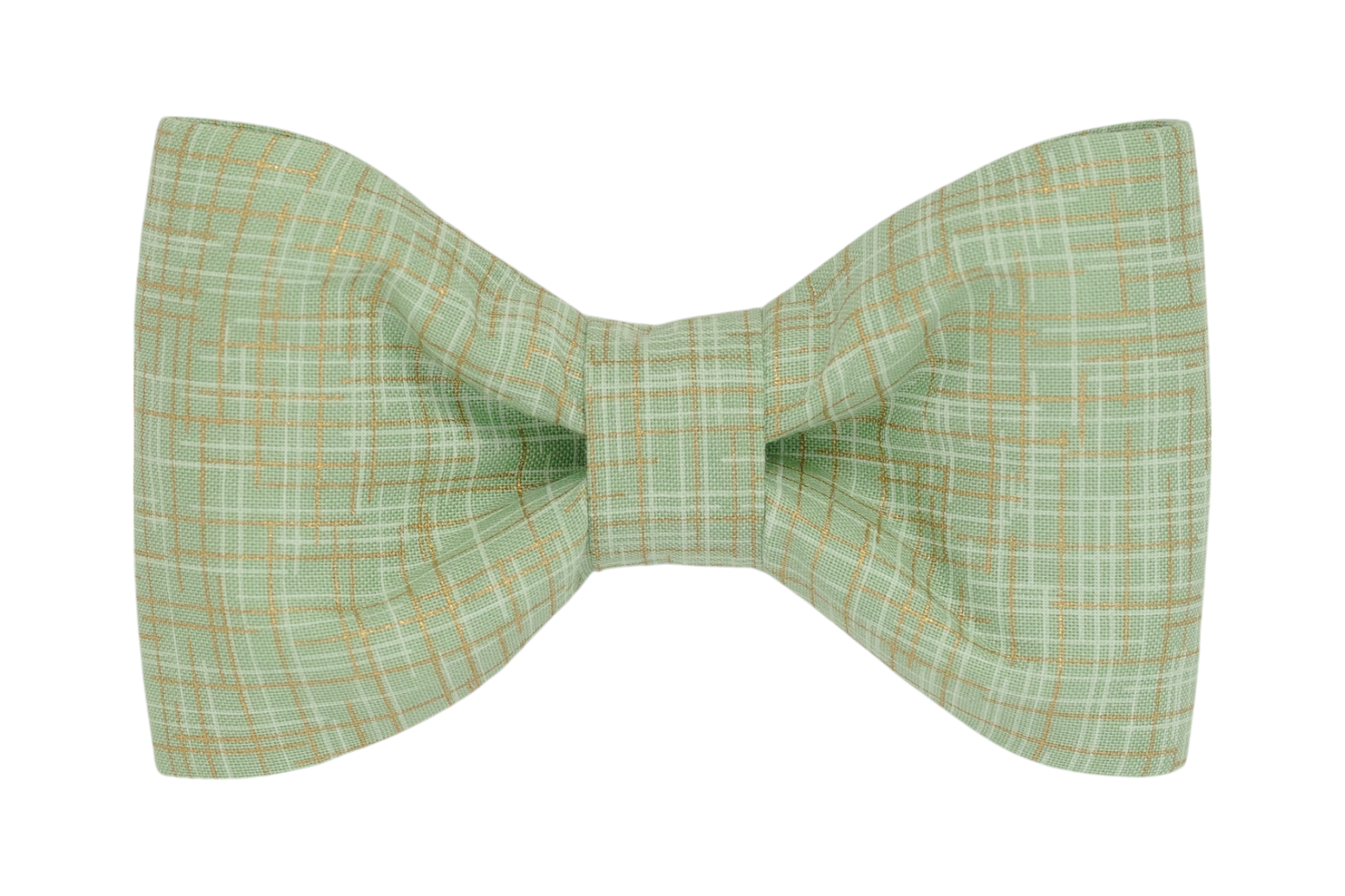 Soft green dog bow tie with a subtle gold and white plaid is a charming accessory for spring events or everyday wear.