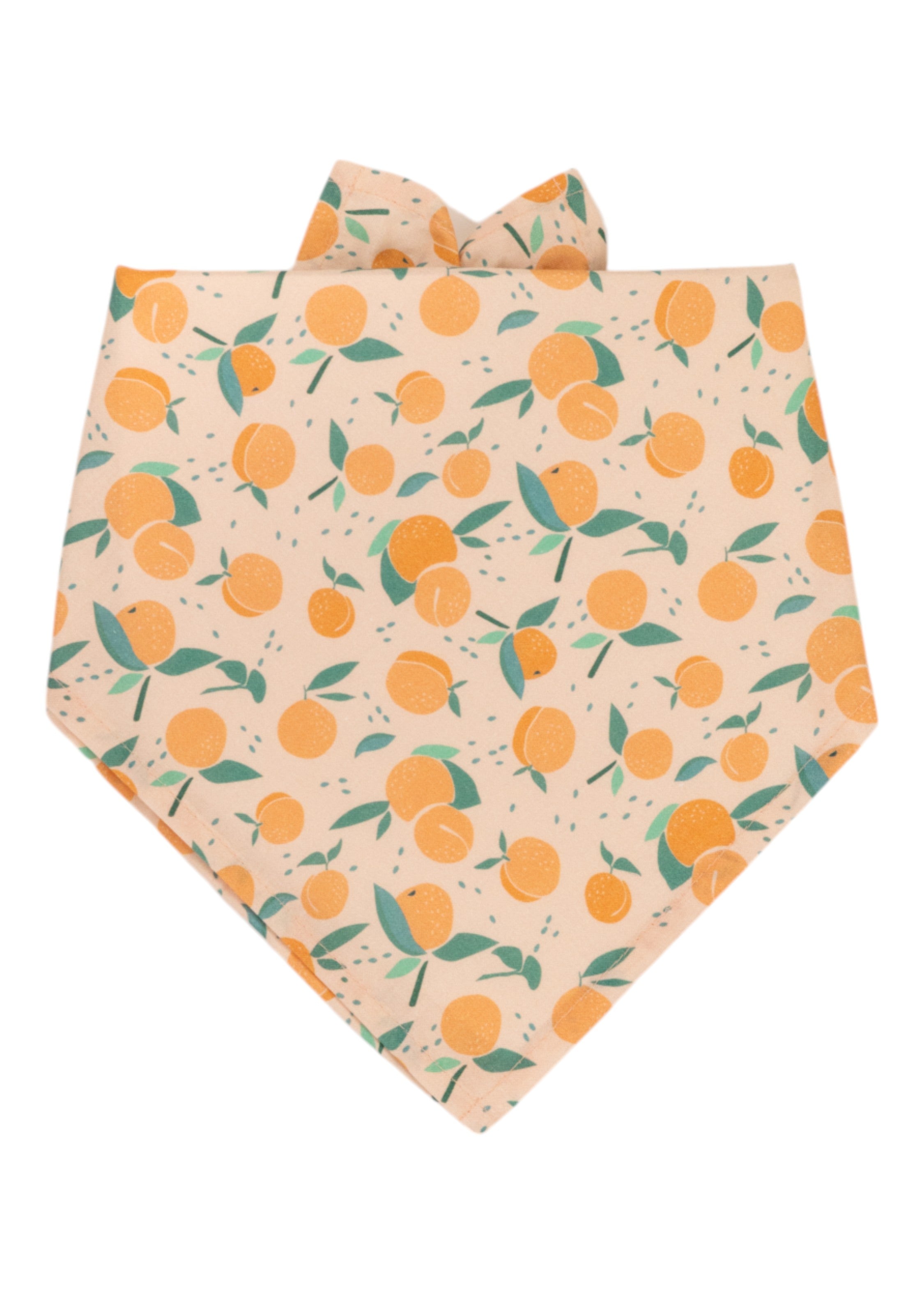Fruit-themed dog bandana with a light peach base, printed with stylized peaches, green foliage, and small seeds.