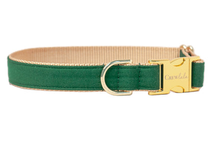 Elegant and durable dog collar by Crew LaLa, crafted with a kelly green fabric exterior, webbed backing for comfort, and luxe metal accents—including a secure clasp engraved with the brand name—for dogs who love to stand out on their daily strolls.