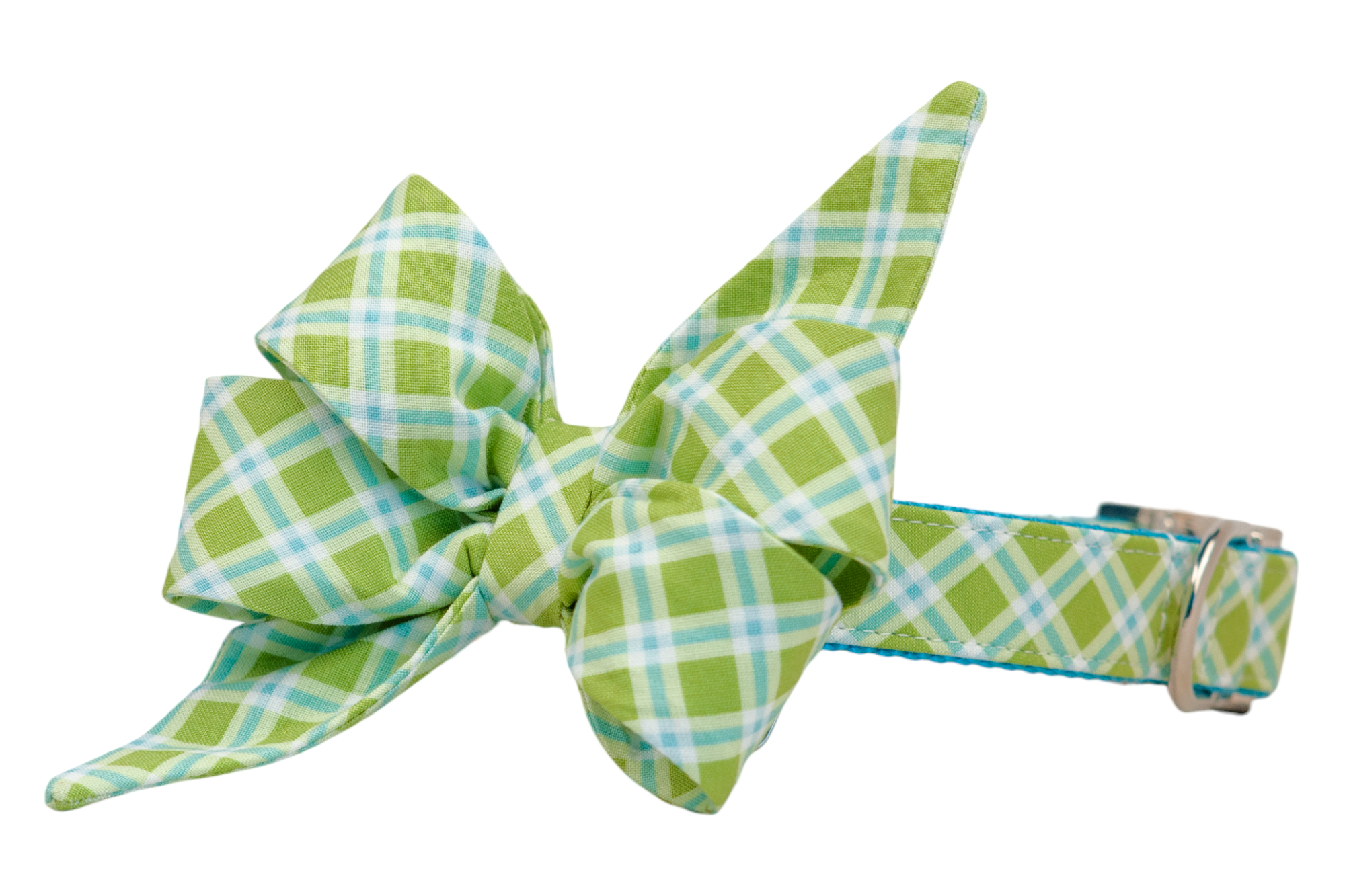 Dog collar with an oversized green, blue, and white plaid belle bow for your favorite gal, attached to a matching patterned collar with silver hardware.