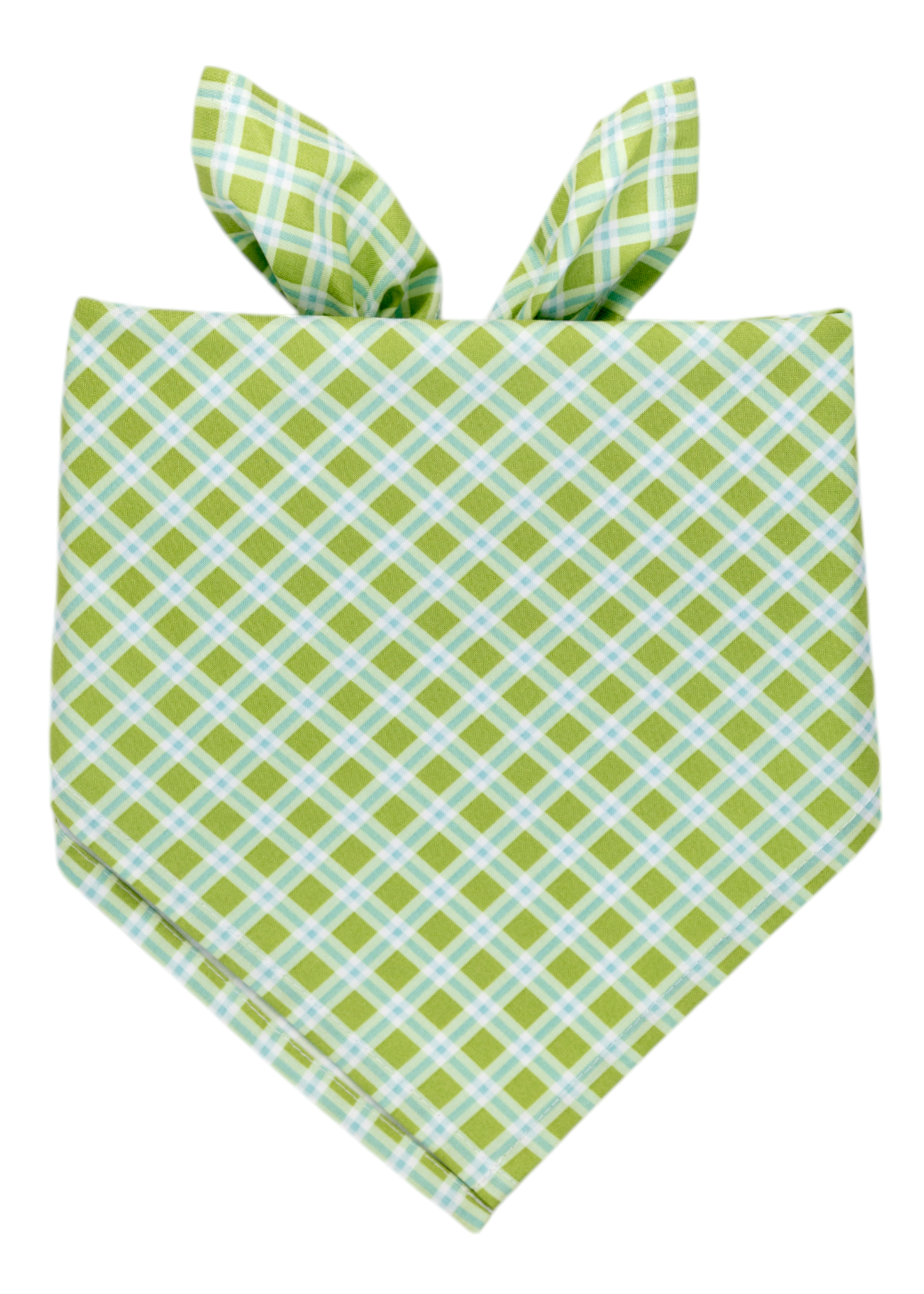 Fabric bandana for dogs featuring a bright green and blue checkered plaid design, knotted at the top into a classic triangular shape. Perfect for summer strolls!