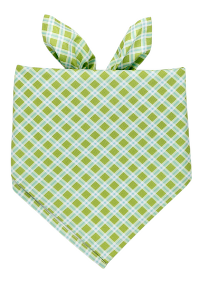 Fabric bandana for dogs featuring a bright green and blue checkered plaid design, knotted at the top into a classic triangular shape. Perfect for summer strolls!