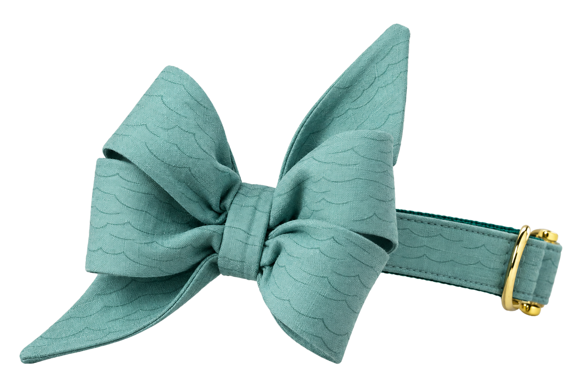 Dog collar featuring a large belle bow in Make Waves fabric, a solid seafoam teal shantung with a subtle slub texture, attached to a matching Make Waves collar with a nylon inner lining and gleaming gold hardware, including a D-ring and buckle.