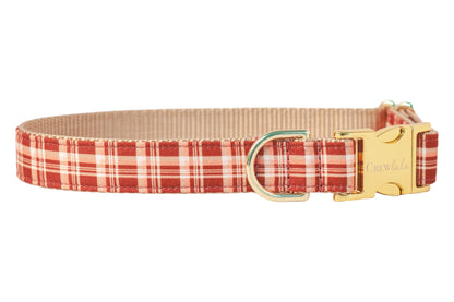 Classic red plaid dog collar with a nylon backing and polished hardware, including a side-release buckle. Perfect for a fall stroll!