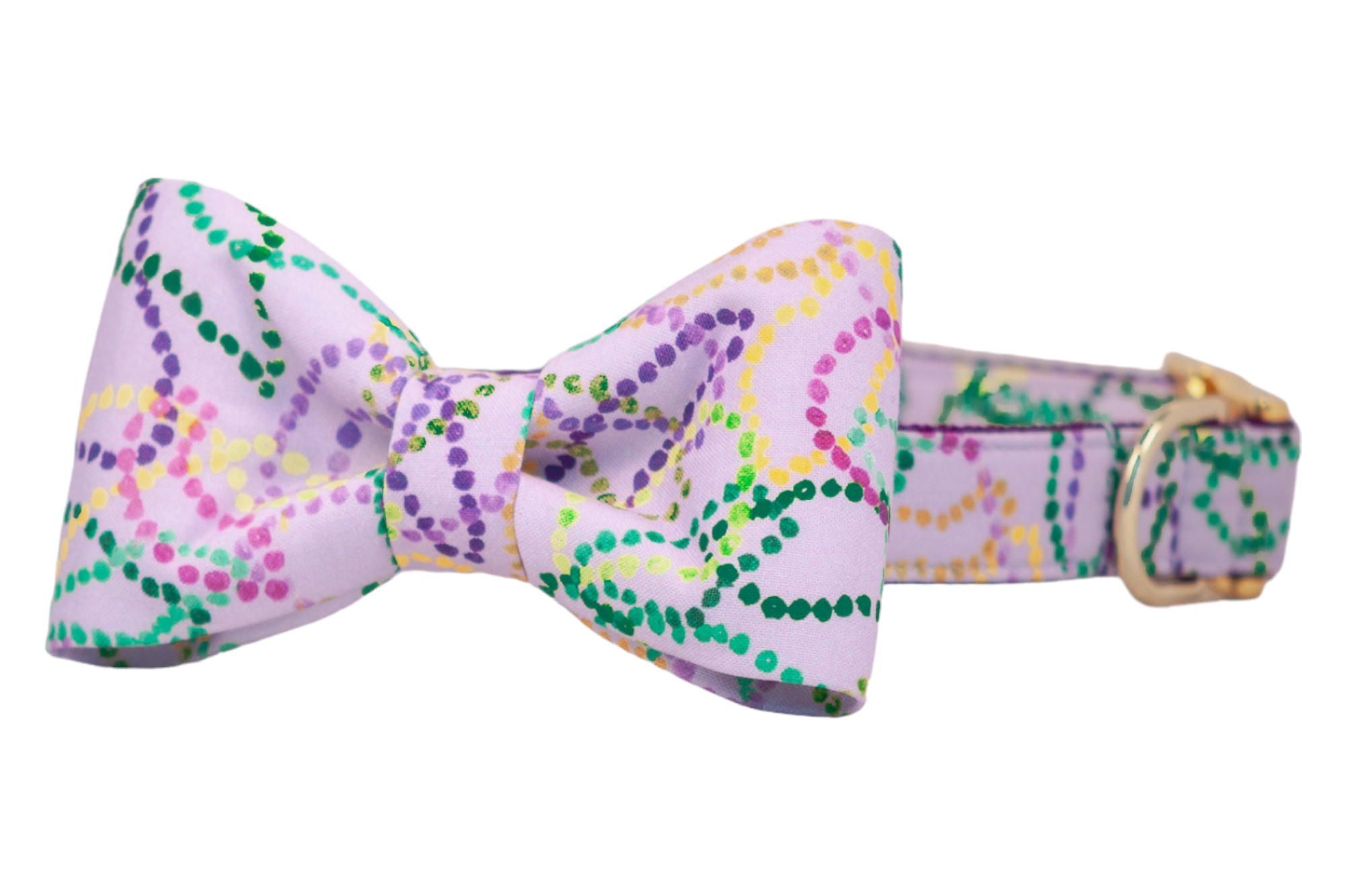 Lavender dog collar with attached matching Mardi Gras bow tie, featuring festive bead strand patterns, polished hardware, and playful parade-ready style.