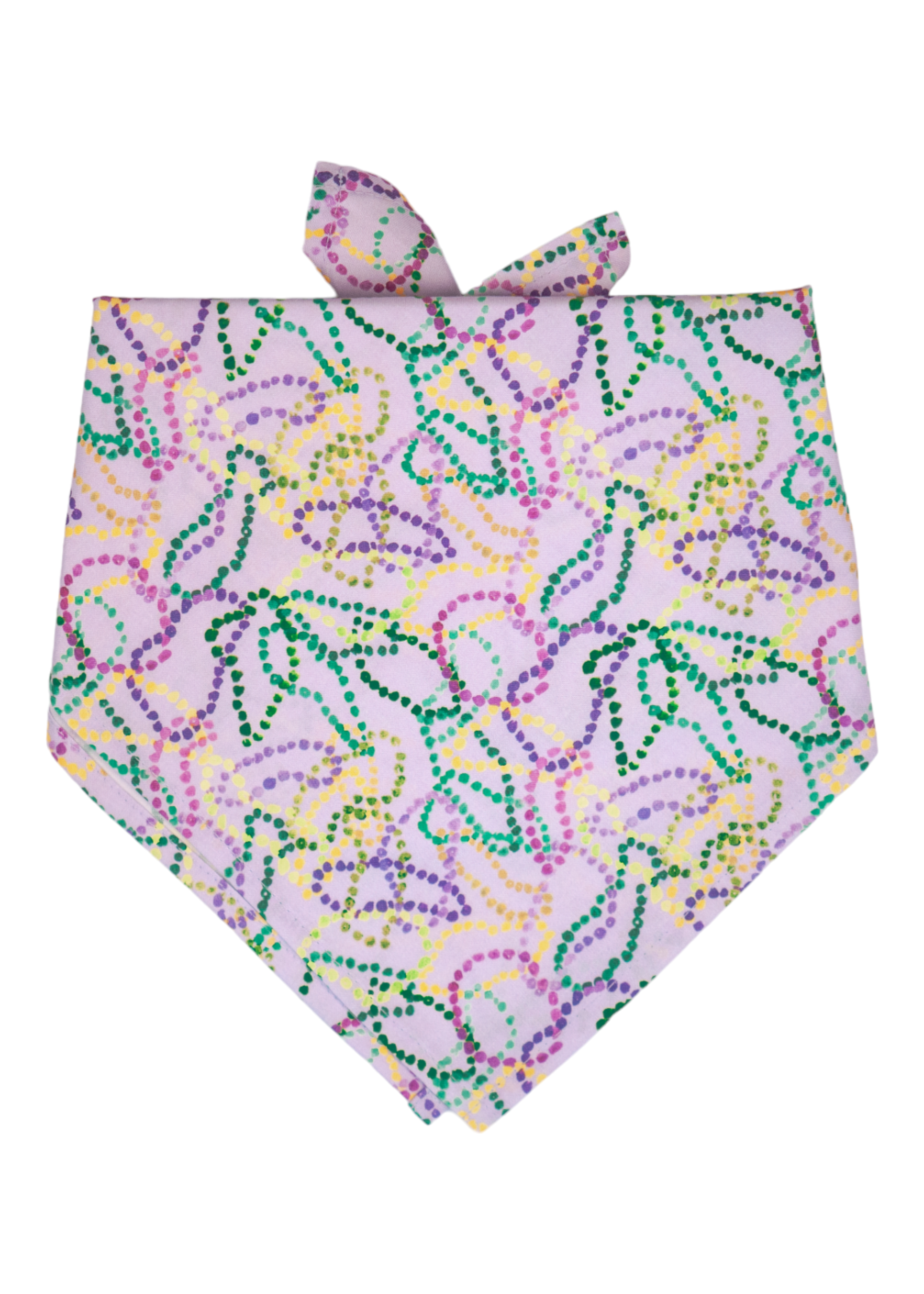Mardi Gras dog bandana with a festive print of overlapping bead strands on a soft lavender background—perfect for parades, parties, and paw-some celebrations.