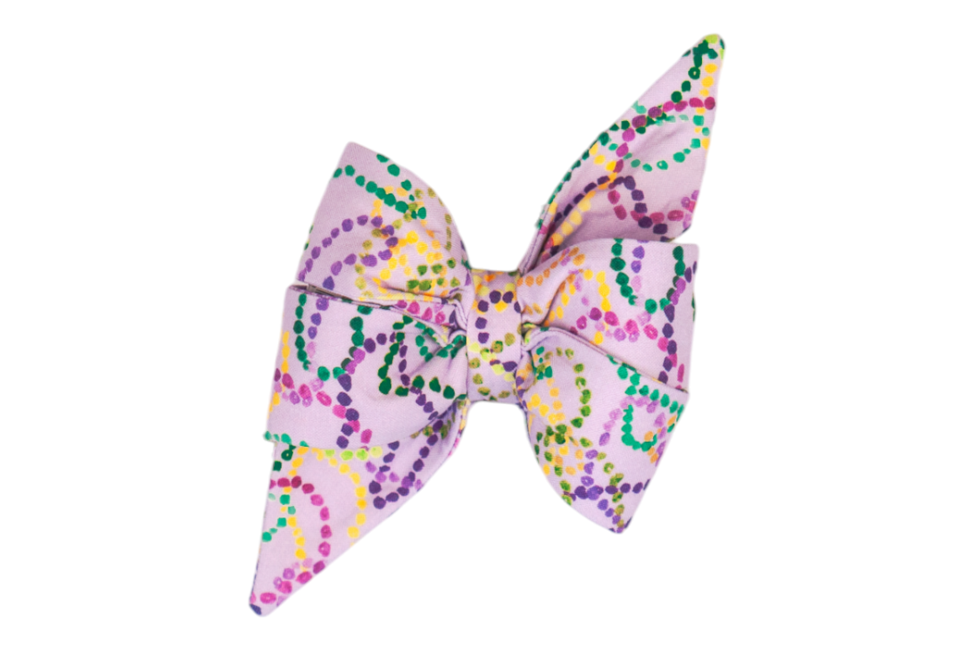 Celebrate in full flair with this oversized belle bow for dogs, patterned with vibrant Mardi Gras bead strands on soft pastel purple fabric—equal parts festive and fabulous.