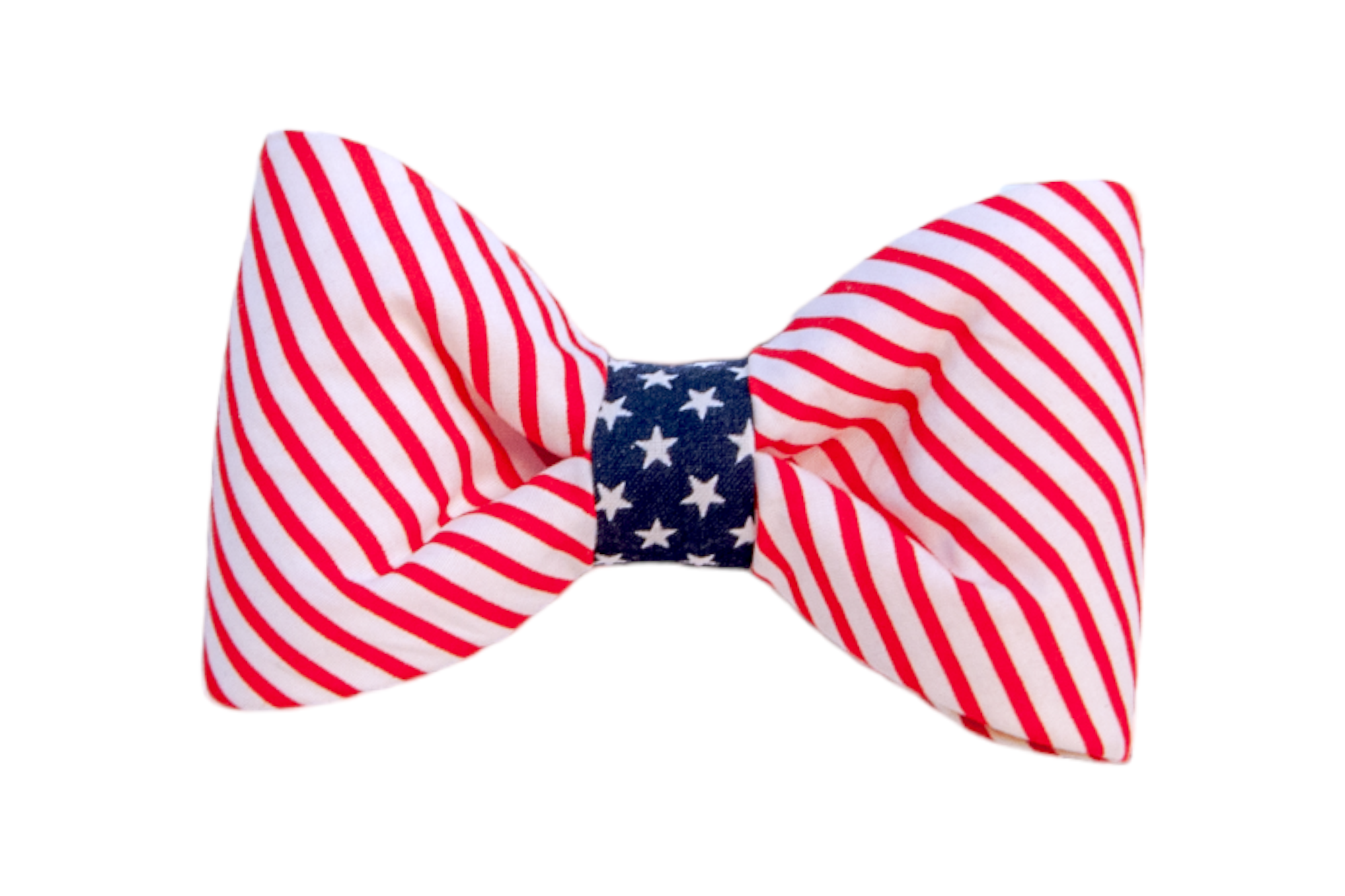 Let your furry friend join in on the patriotic celebrations! This bold and stylish dog bow tie is designed to reflect the spirit of American pride. With vibrant red and white stripes flanking a navy blue center adorned with white stars, this bow tie is perfect for Independence Day, Memorial Day, Veteran's Day, and any day you want to showcase your love for the USA.