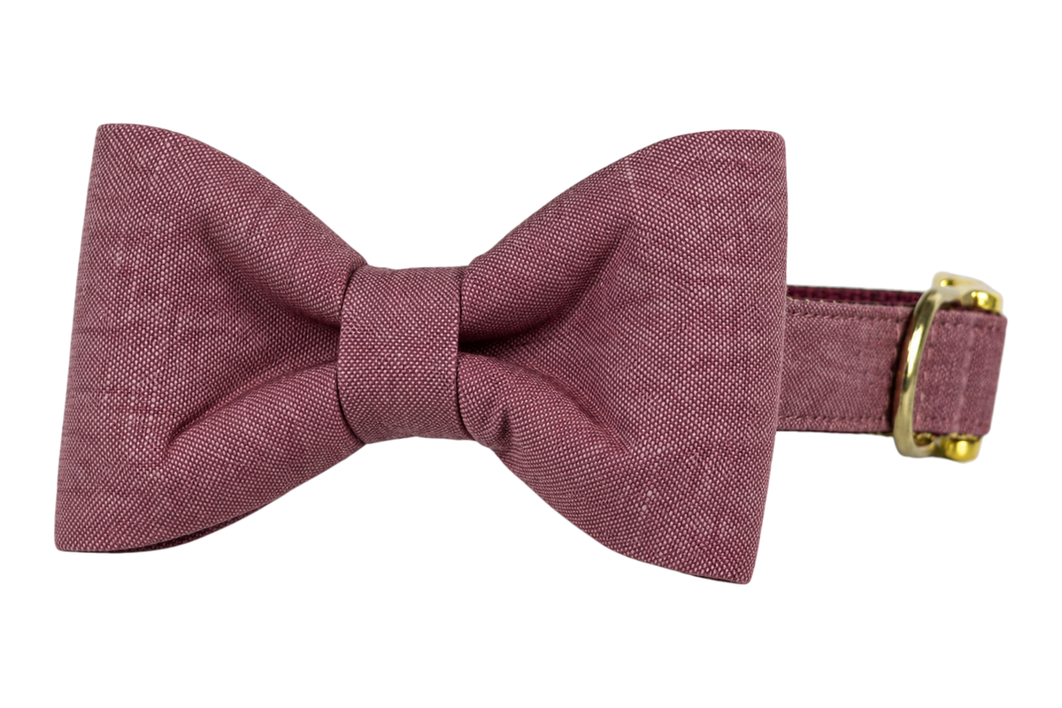 Classic dog collar featuring a Merlot Linen fabric bow tie, a solid merlot wine linen chambray, attached to a matching Merlot Linen collar with a nylon inner lining and gleaming gold hardware, including a D-ring and buckle.