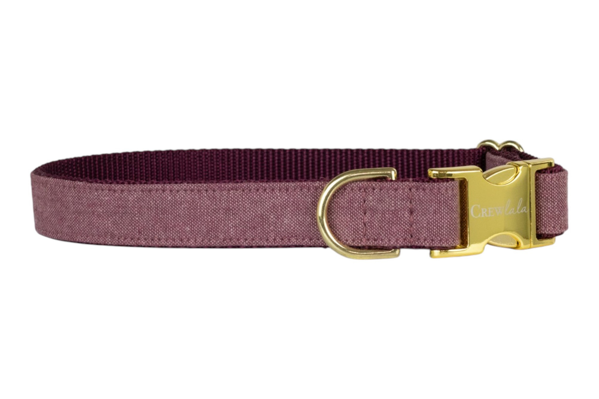 Merlot Linen dog collar with nylon inner lining, D-ring and buckle - Crew LaLa