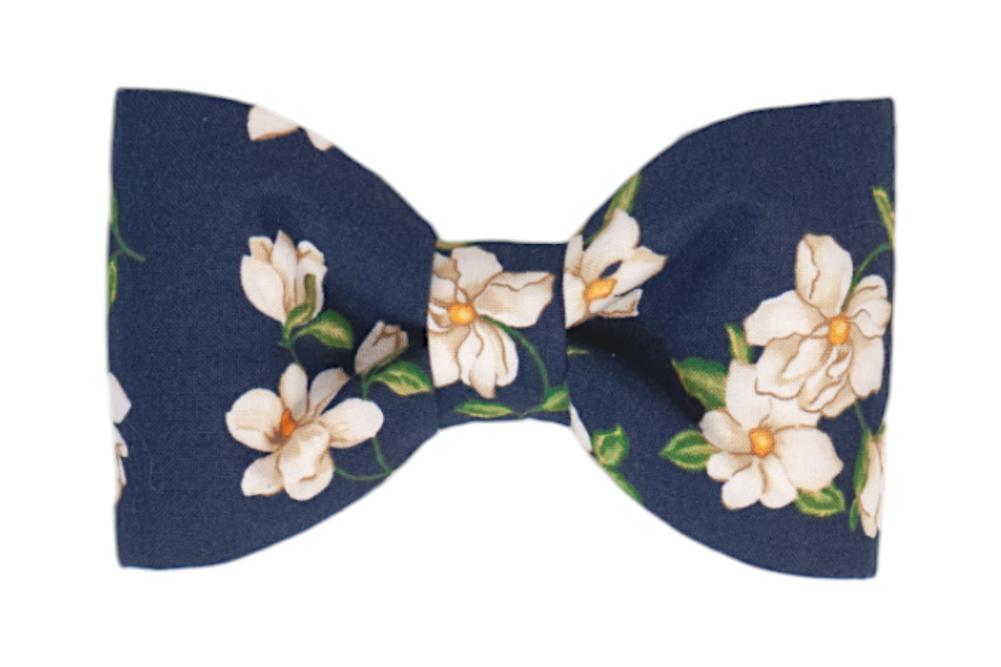 Classic navy blue dog bow tie featuring white magnolia flowers, ideal for special occasions and everyday elegance.
