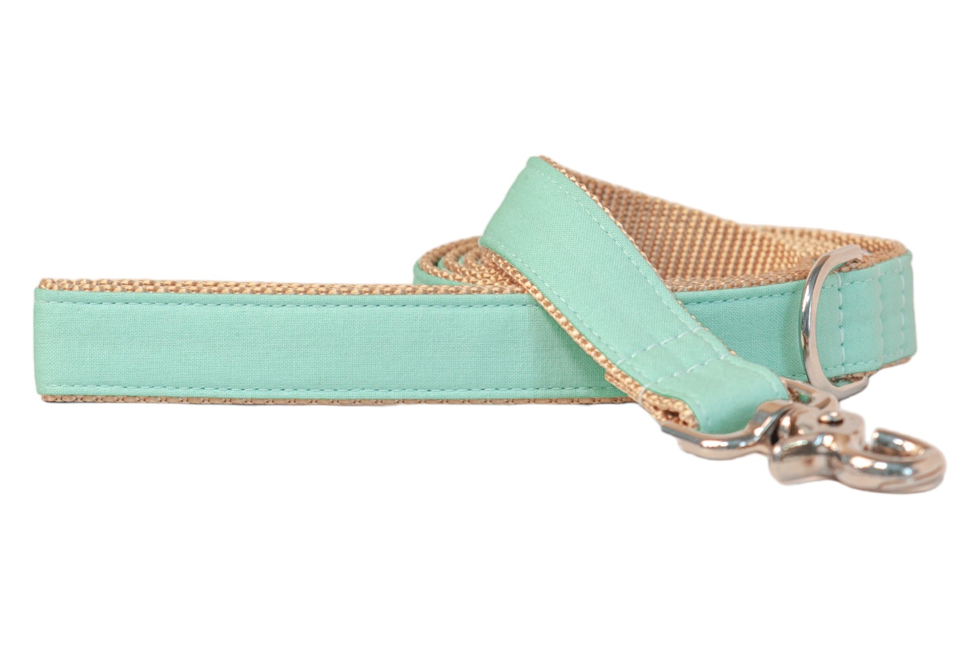 Stylish dog leash made with a mint green fabric front and tan woven underside, finished with neat stitching and silver hardware. The leash includes a secure hook and a metal D-ring near the handle for added function.