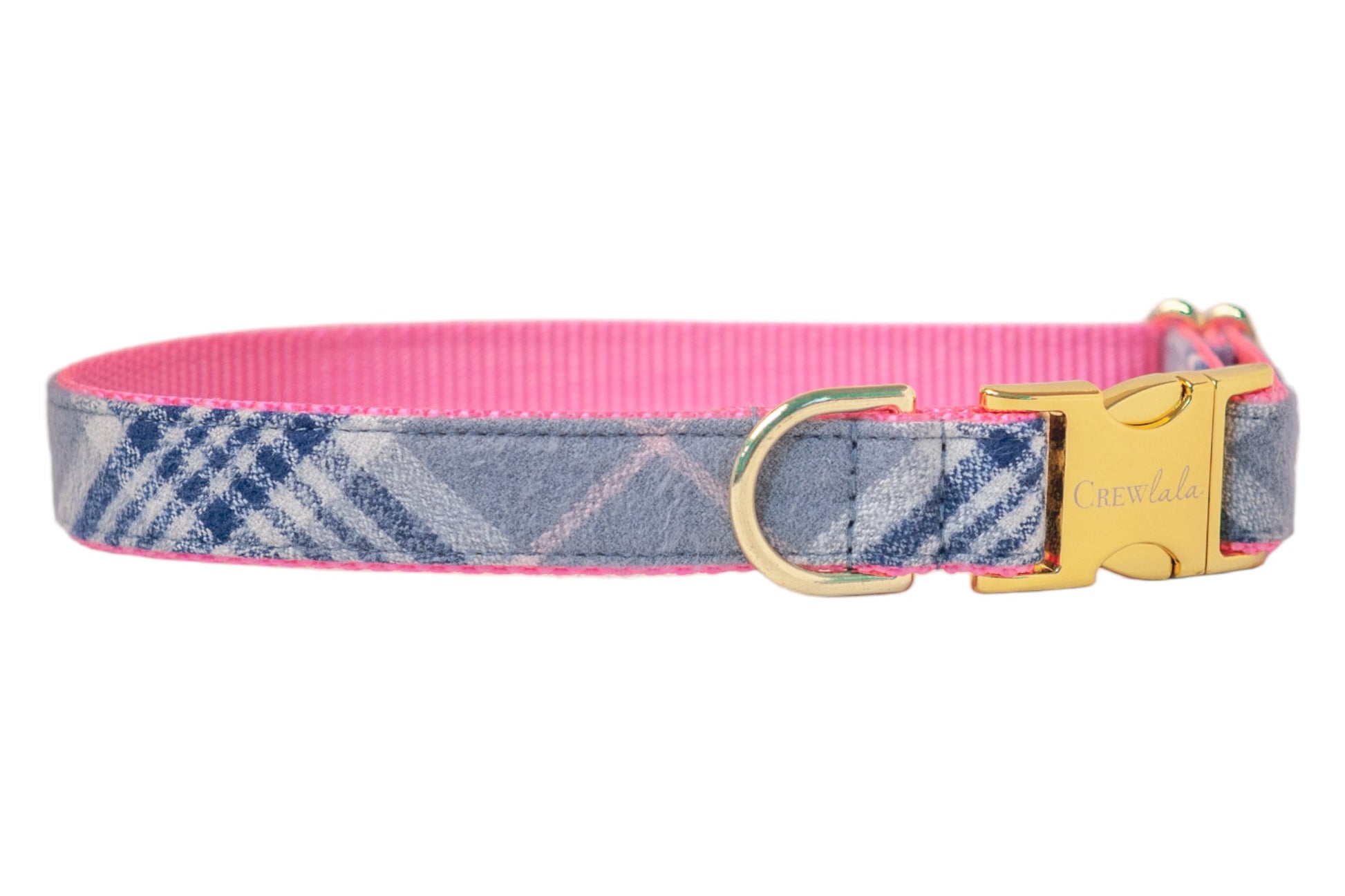 Stylish grey tartan dog collar with intersecting stripes, complete with a polished buckle and D-ring.