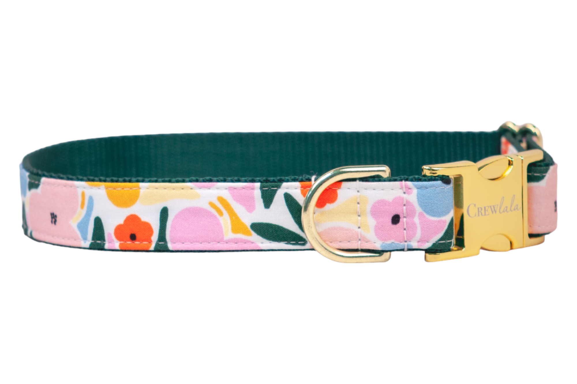 Floral-patterned dog collar with a soft pink, yellow, orange, and blue flower motif accented by green foliage. The collar is backed in dark green webbing and secured with polished gold hardware, including a side-release buckle engraved with the name “Crewlala” and a matching D-ring for leash attachment.