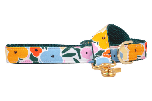 Dog leash with a bold, multicolored floral print on a white background, paired with a dark green woven lining. The design includes a gold metal D-ring and a lobster clasp for secure attachment.