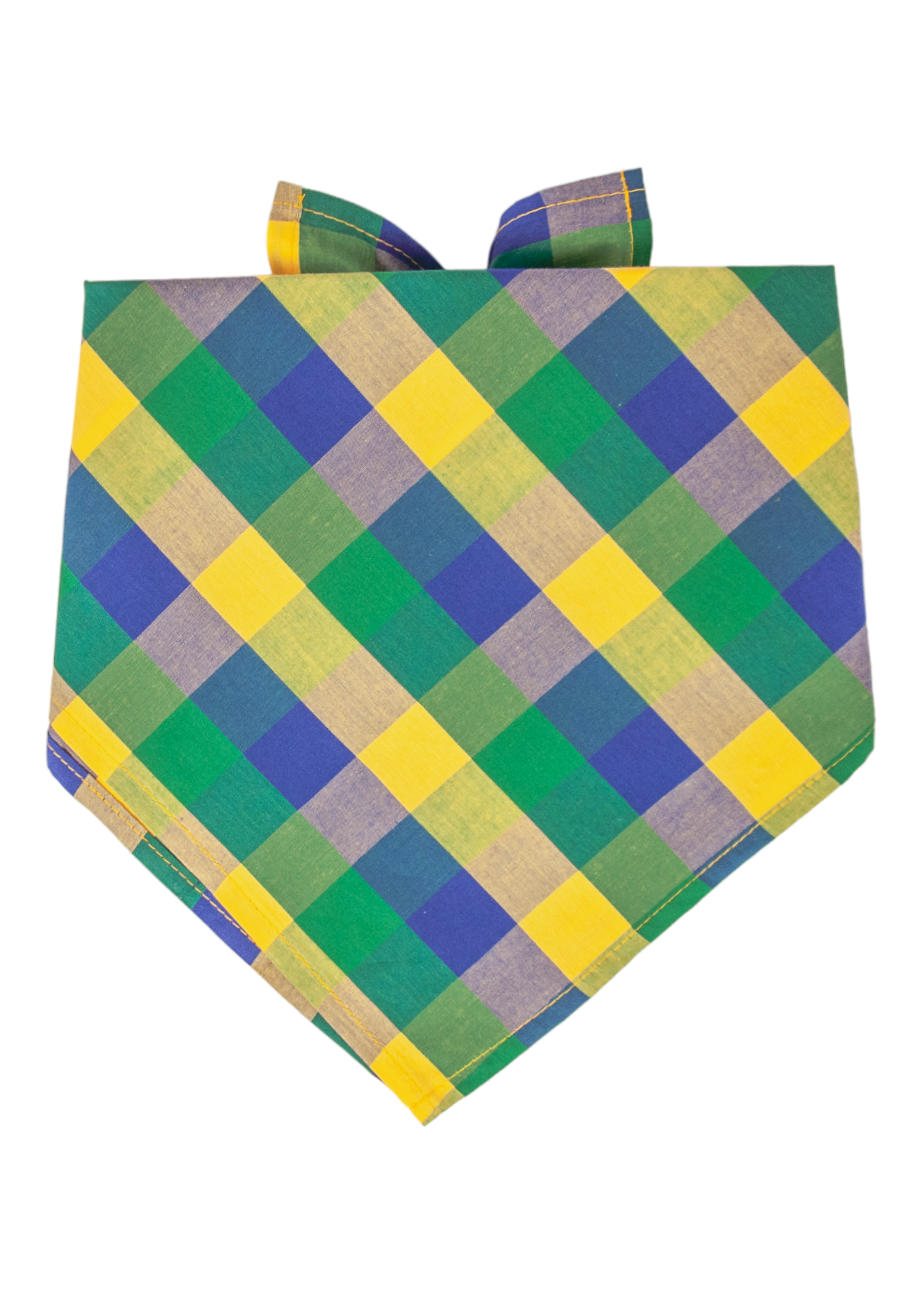 A vibrant Mardi Gras bandana bursting with festive energy, featuring bold plaid in the classic Carnival trio. Designed to tie around your pup’s neck with flair, it’s the perfect accessory for parade struts, paw-ty snapshots, or just spreading bead-worthy cheer all season long.