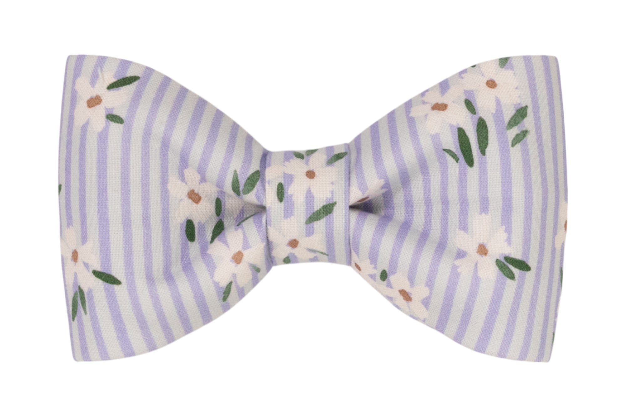 A fabric dog bow tie with vertical lavender and white stripes, decorated with a delicate floral print of white flowers and green leaves.