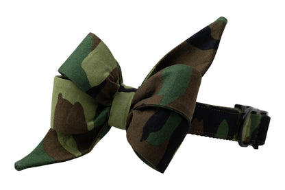 Dog collar with a bold camo belle bow attached, showcasing a mix of dark green, brown, and black, with a side-release clasp.