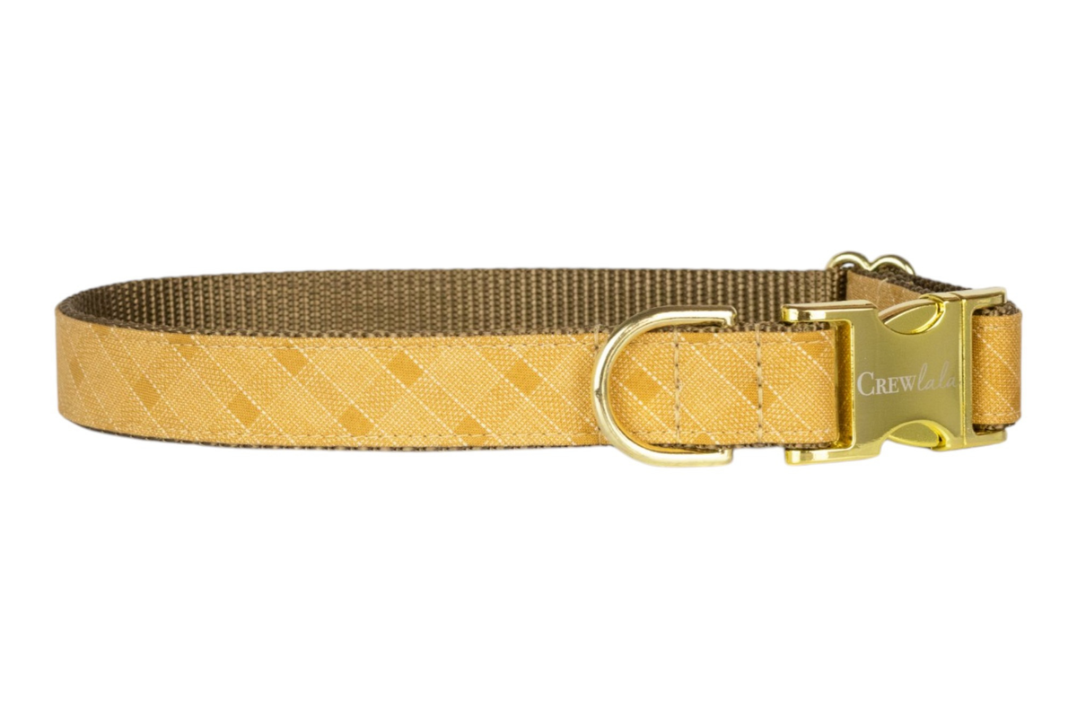 Old Gold Plaid dog collar with nylon inner lining, D-ring and buckle - Crew LaLa