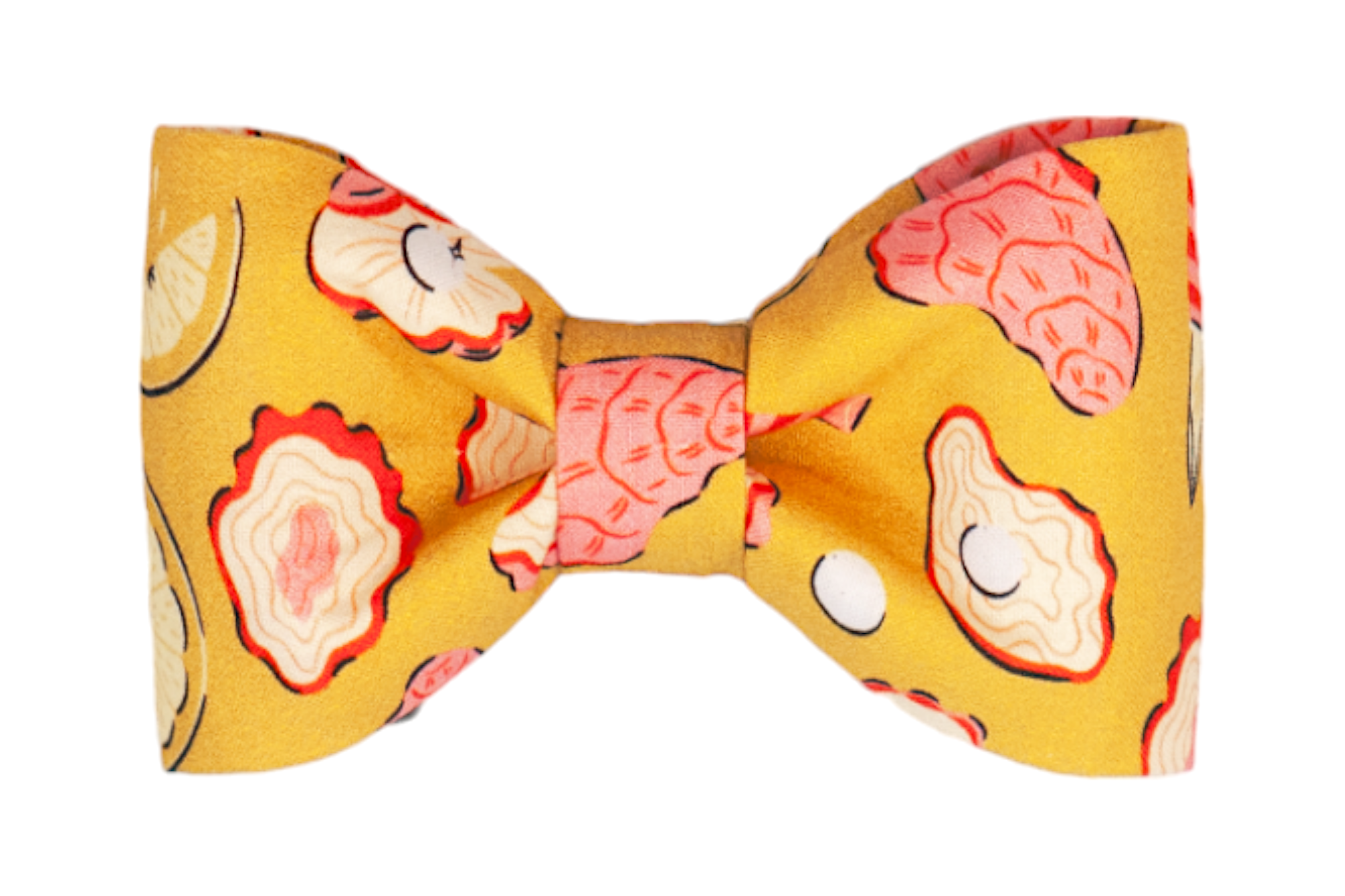A playful yellow dog bow tie with a vibrant all-over print including stylized oyster shells, lemon slices, and pearls in coral, cream, and black-lined accents. The structured bow has clean, rounded edges and a neatly cinched center.