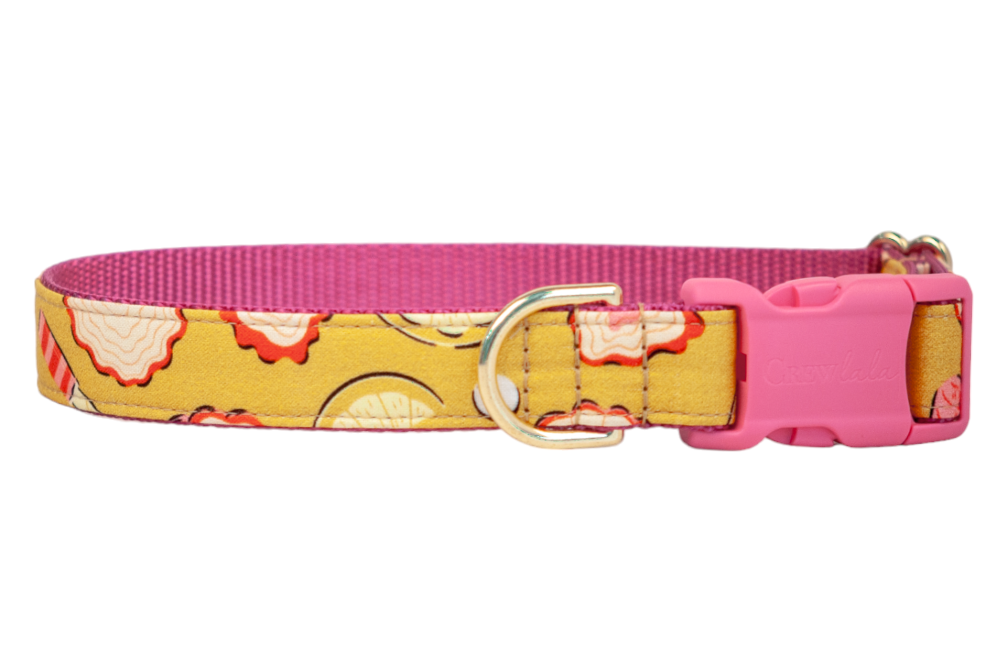 Yellow fabric dog collar with citrus wedges, stylized oysters with wavy pink-edged shells. The collar is lined with vivid pink webbing and fitted with a plastic pink secure side-release buckle and D-ring.