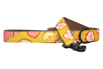 A vibrant yellow dog leash featuring a playful pattern of lemon slices and pink and cream oysters with red accents. The leash has a durable tan underside and is finished with a matte black swivel snap hook and D-ring.
