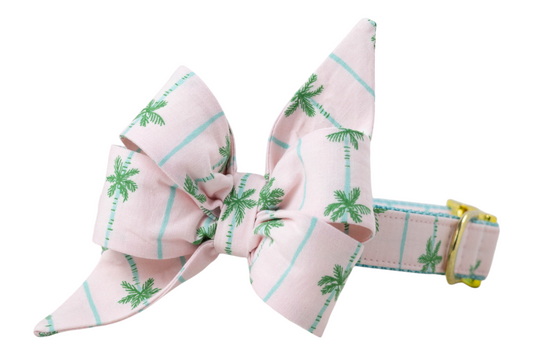 Tropical-themed dog collar with a matching belle bow in light pink, covered in green palm tree prints and blue stripe accents. Gold metal buckle and D-ring complete the look.
