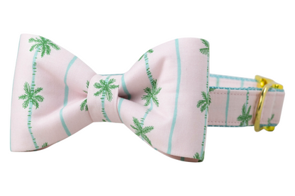 Tropical-themed dog collar with an attached structured and matching bow tie, designed in light pink with green palm trees and aqua blue vertical lines. Gold hardware accents complete the look.