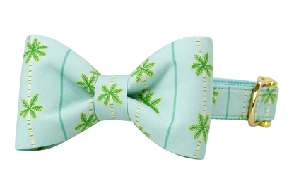 Classic dog collar featuring a Palm Springs fabric bow tie, a pale mint aqua windowpane fabric with small green palm trees, attached to a matching Palm Springs collar with a nylon inner lining and gleaming gold hardware, including a D-ring and buckle.