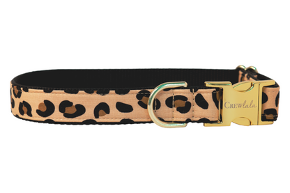 Stylish dog collar featuring a tan fabric with bold leopard spots, metal hardware, and a sleek nylon webbing backing—perfect for pups with glam instincts and wild hearts.