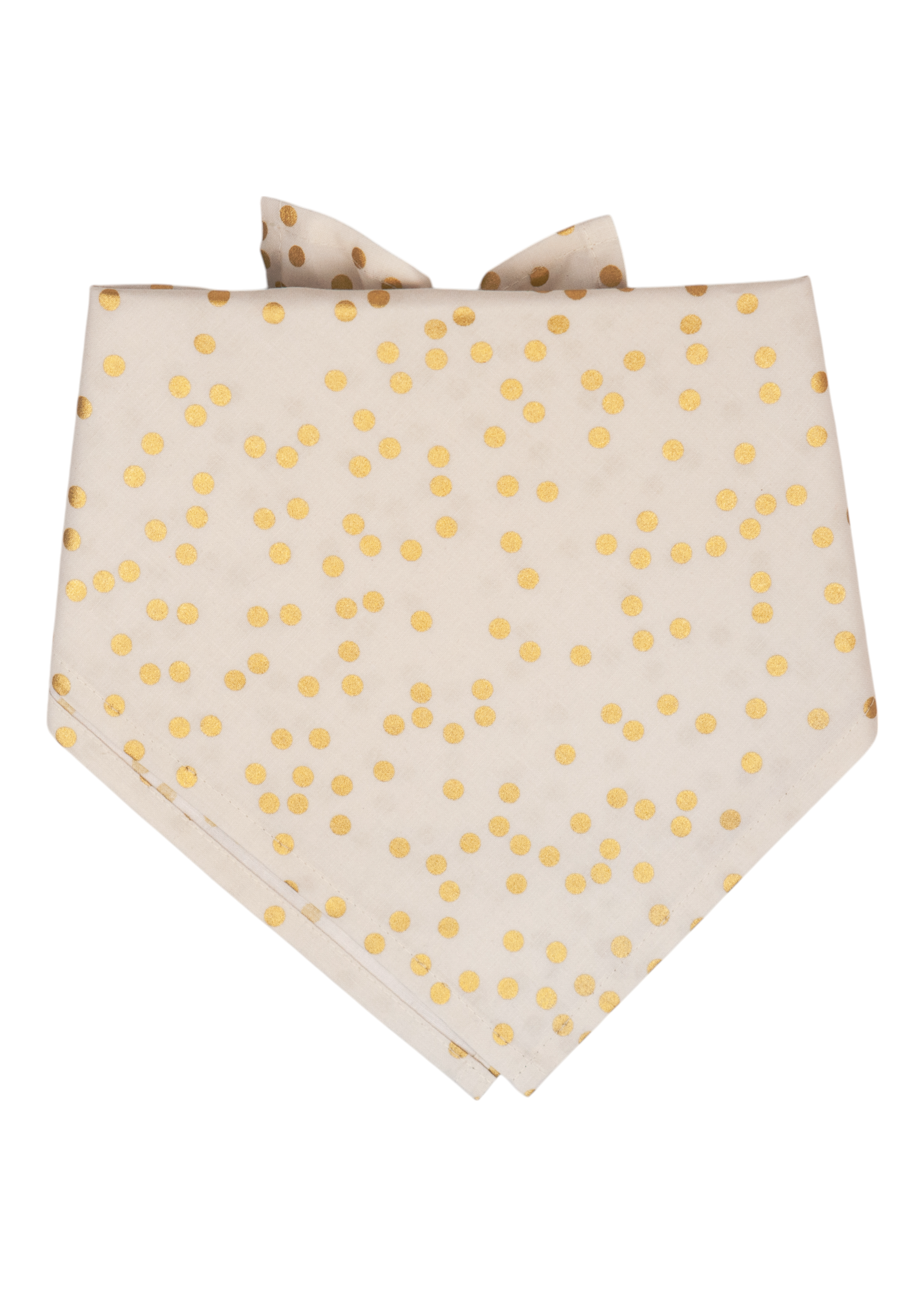 Dog bandana in a soft ivory fabric, printed with scattered metallic polka dots. Folded in a classic triangle shape with folded top edges for tying comfortably around the neck, the design is both elegant and festive.