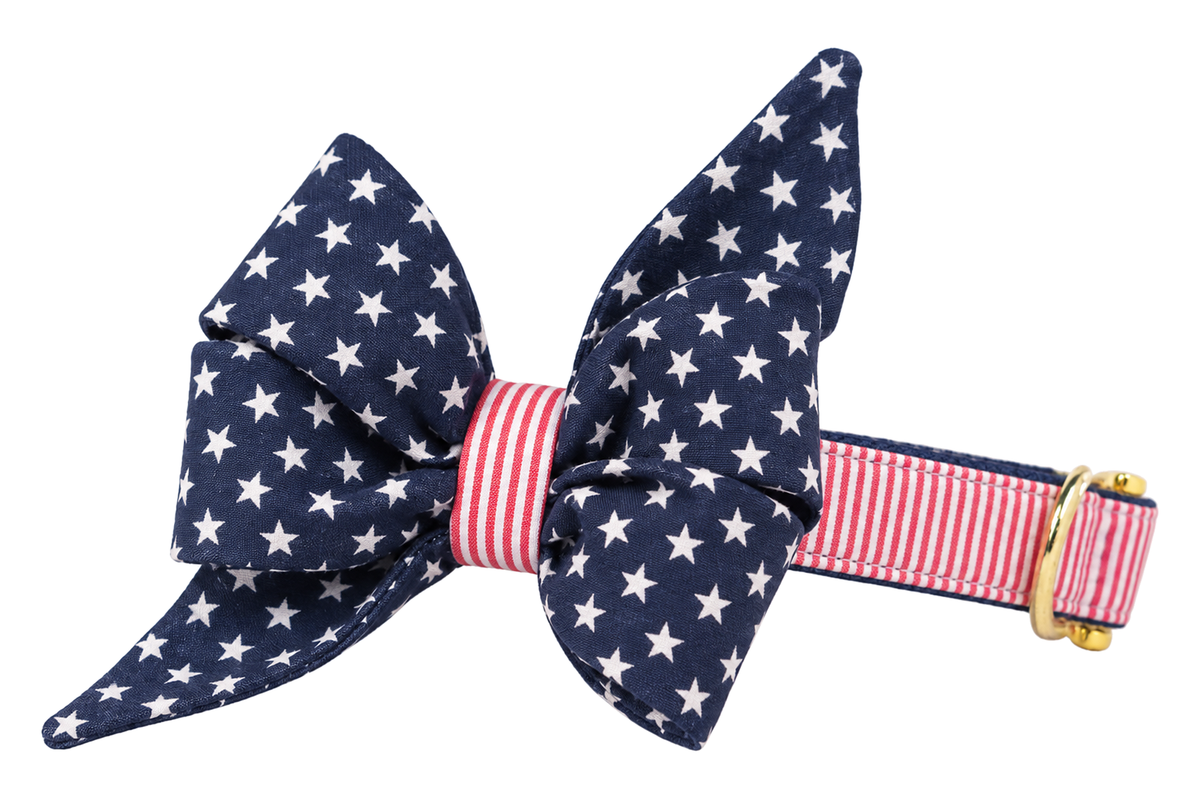 Dog collar featuring a large belle bow in Patriot fabric, a navy blue fabric with white stars paired with a red and white pinstripe, attached to a matching Patriot collar with a nylon inner lining and gleaming gold hardware, including a D-ring and buckle.