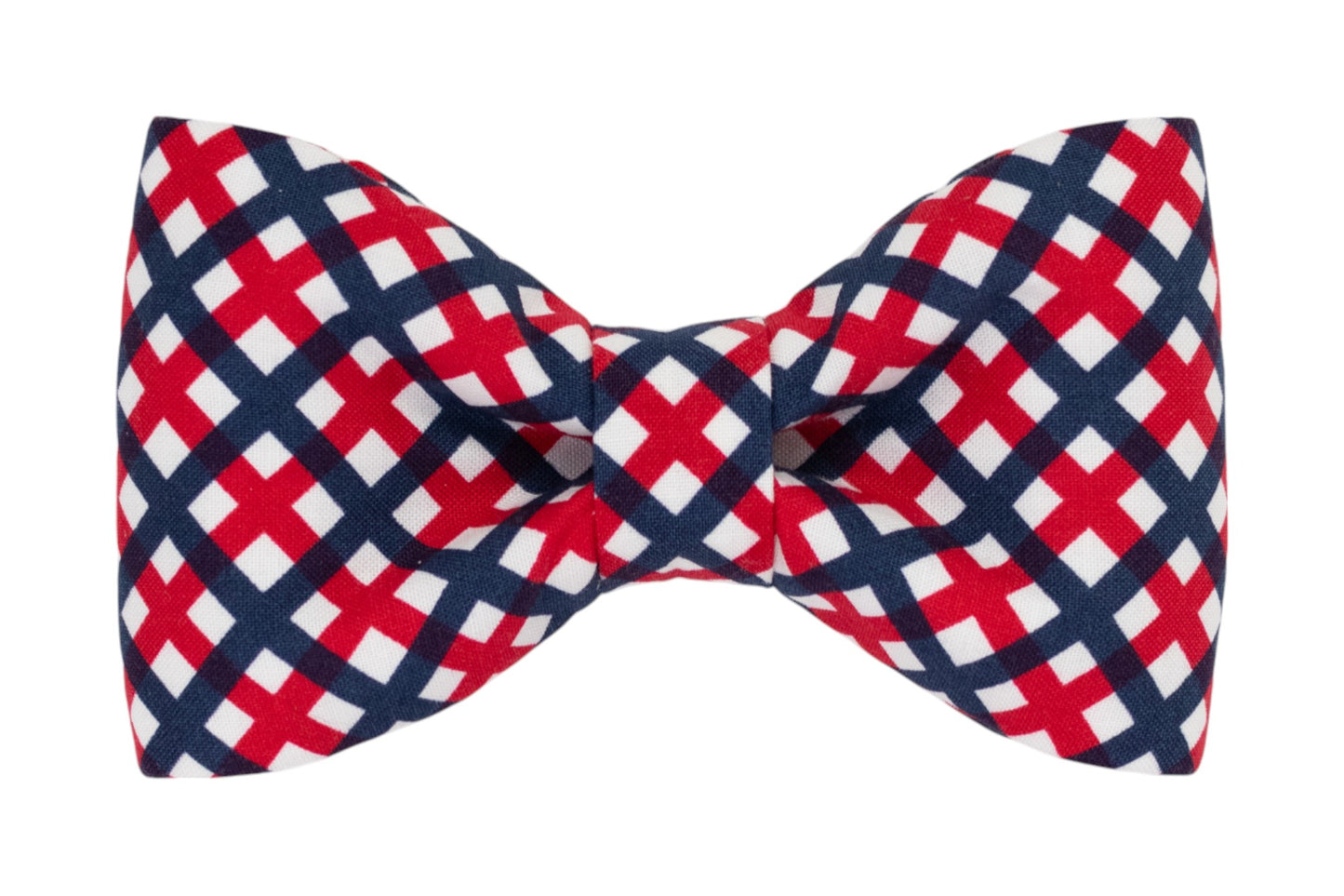 Bold and patriotic dog bow tie with a red, white, and navy blue plaid pattern—perfect for festive occasions and summer outings.