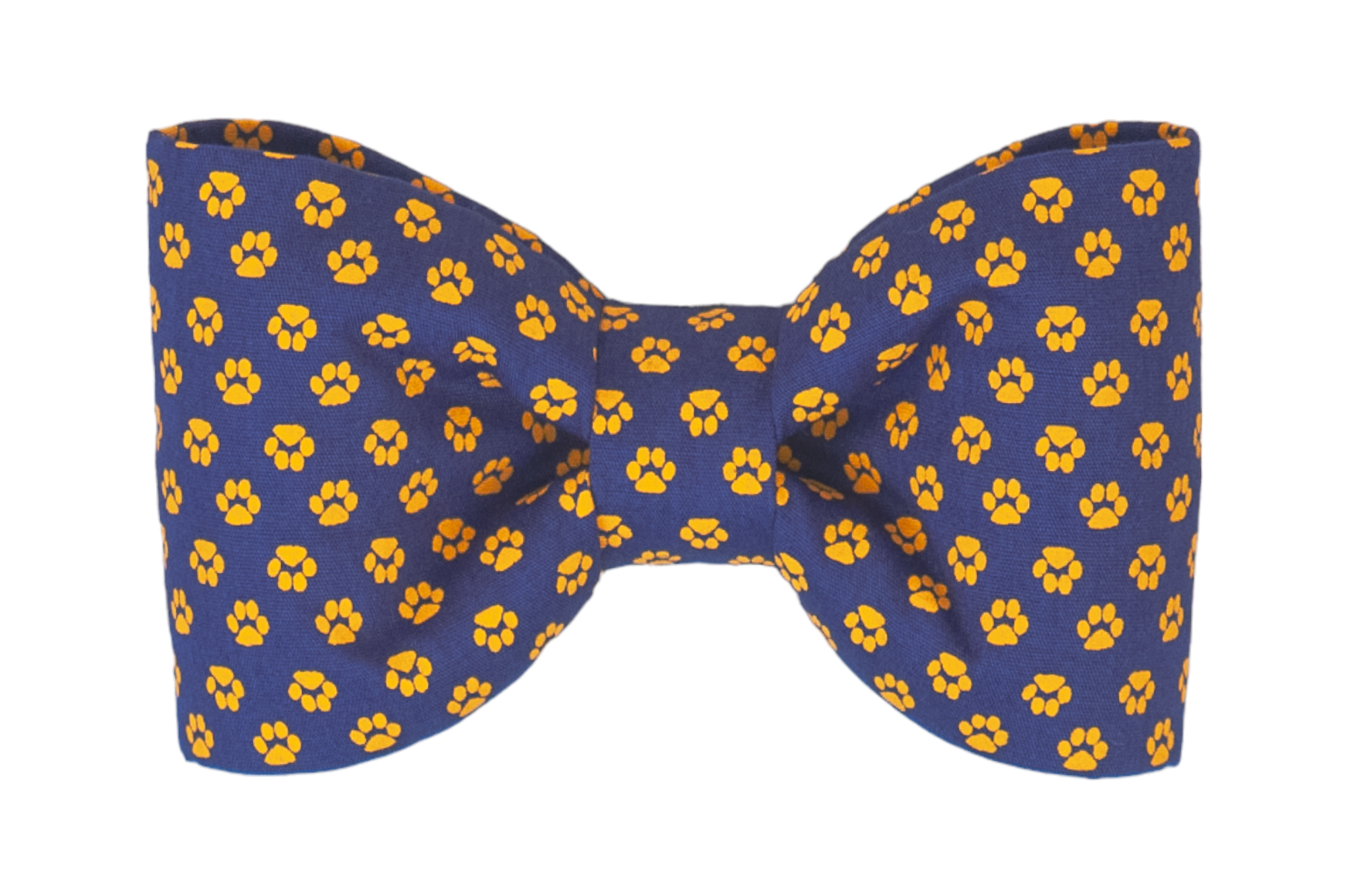 Dress your dog in tail-wagging style with this bold paw print bow tie! The navy blue fabric pops with cheerful bright paws, making it a fun accessory for everyday outings or game day flair.