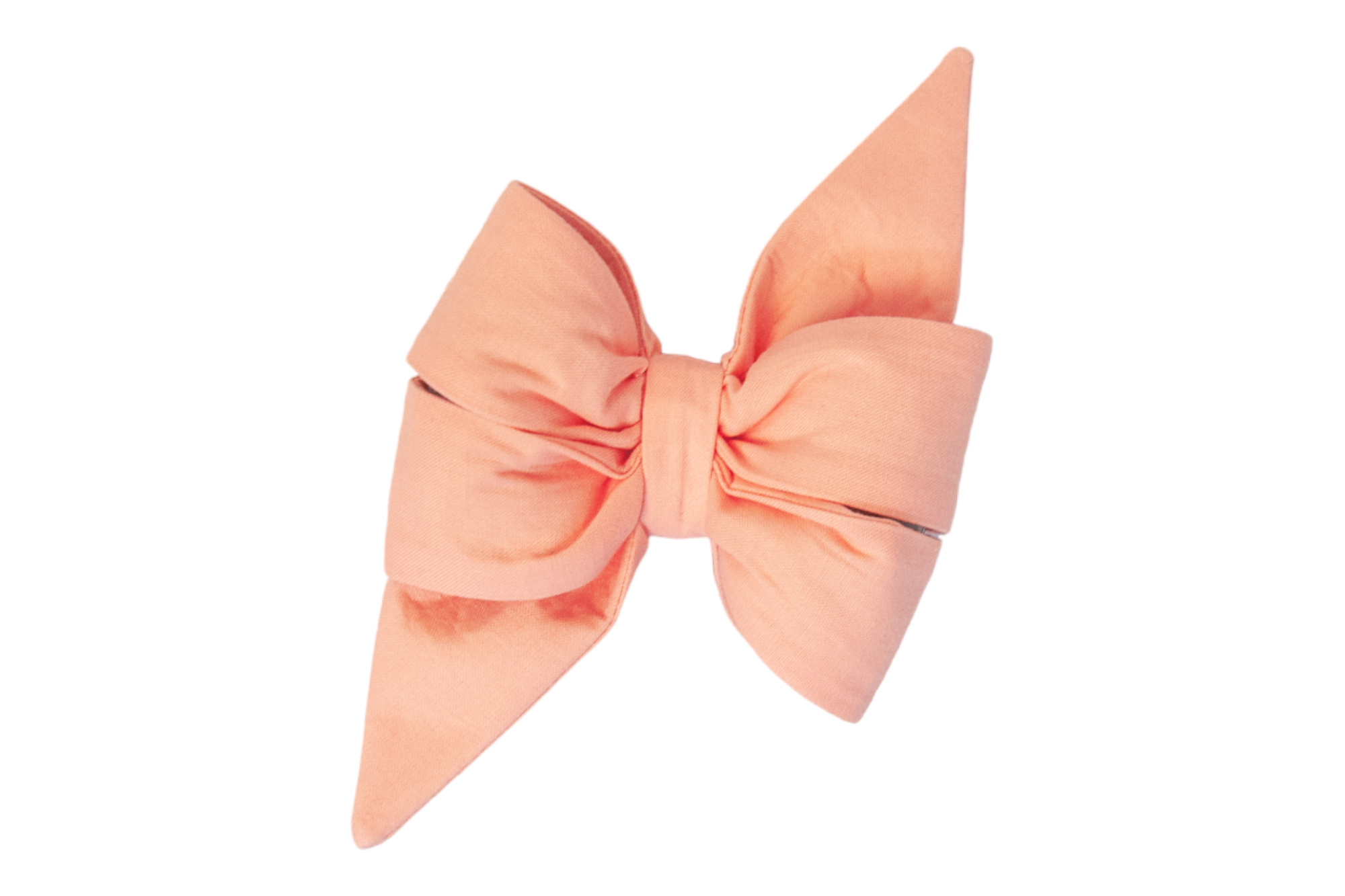 Soft peach pink fabric girl belle bow with a classic shape, including two puffed loops and dramatic pointed tails. The belle bow is full and gently gathered at the middle, ideal as a stylish pet accessory.