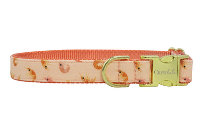 Adjustable peach dog collar with delicate shrimp print and sturdy gold metal buckle closure.