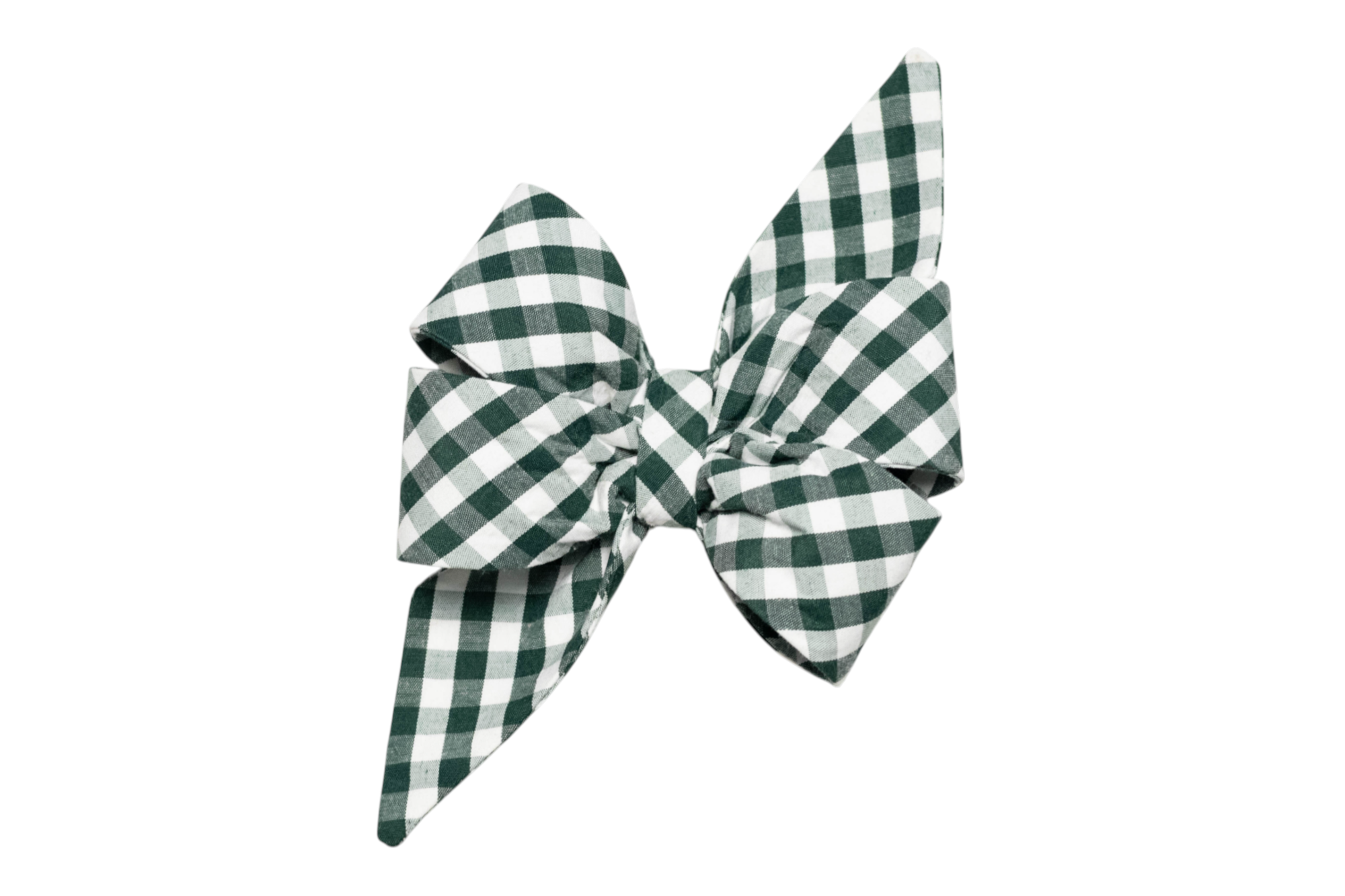 Oversized belle bow in classic forest green plaid print, featuring crisp pleats, exaggerated loops, and long pointed ends—ideal for adding a charming, vintage-inspired look to a dog collar.