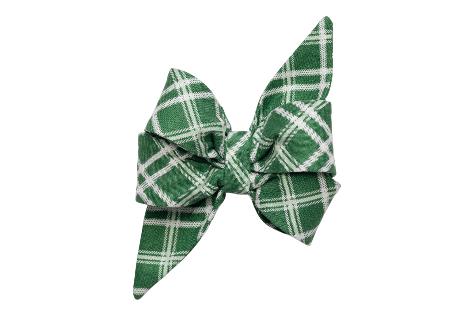 Stylish green plaid belle bow, designed with full structured loops and elongated pointed ends, gathered neatly at the center for a polished finish.