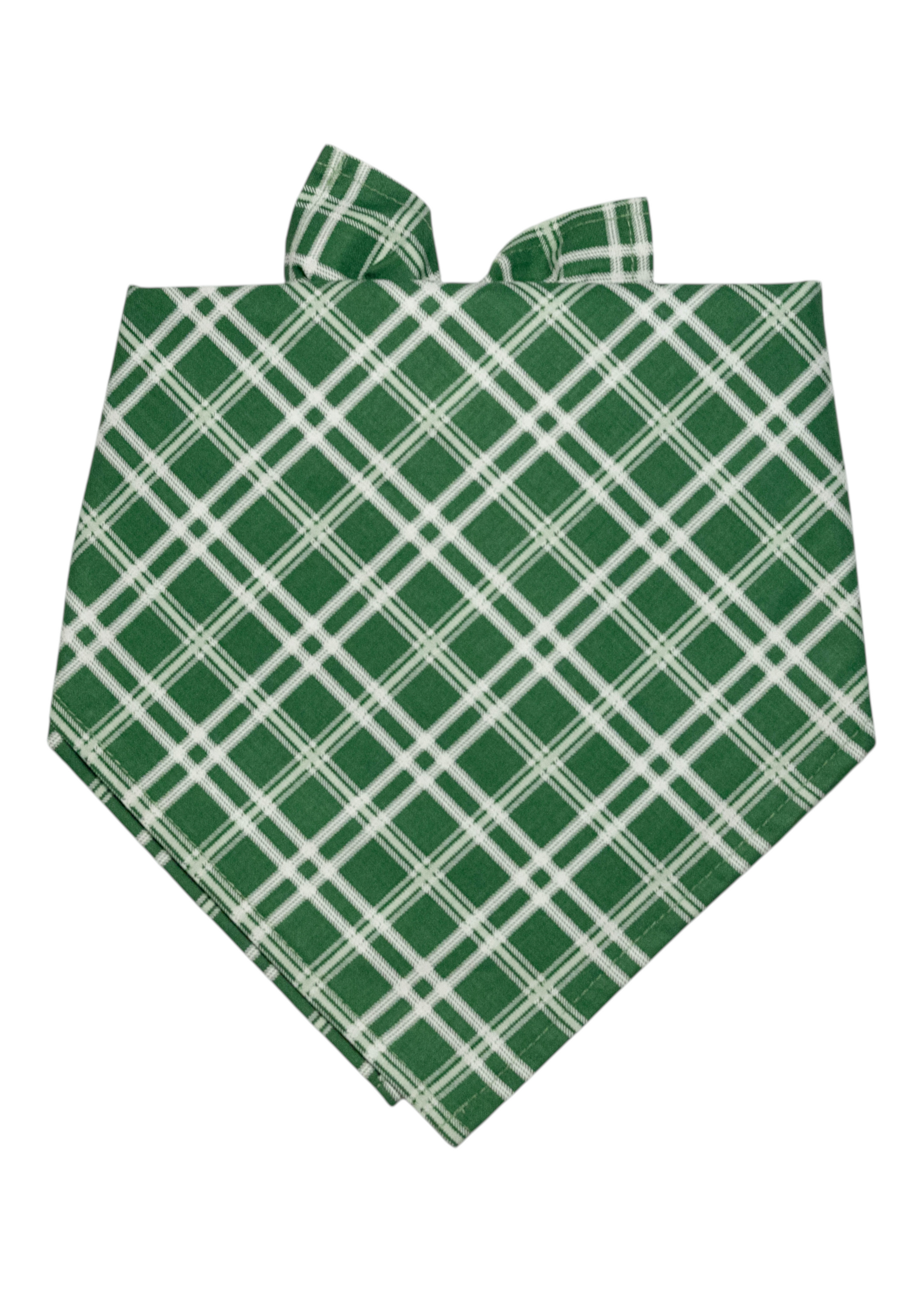 Stylish green fabric bandana for dogs, decorated with intersecting plaid lines, folded in a pointed triangle shape with a knotted tie closure.