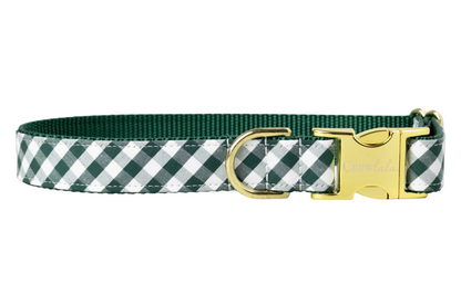 Stylish dog collar in a forest green gingham fabric, finished with a metal buckle and matching D-ring.