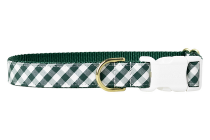 Stylish dog collar in a forest green gingham fabric, finished with a plastic buckle and metal D-ring.