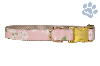 Adjustable dog collar featuring a blush pink hydrangea print with white flower clusters and green leaves, accented by beige webbing and gold-tone hardware.