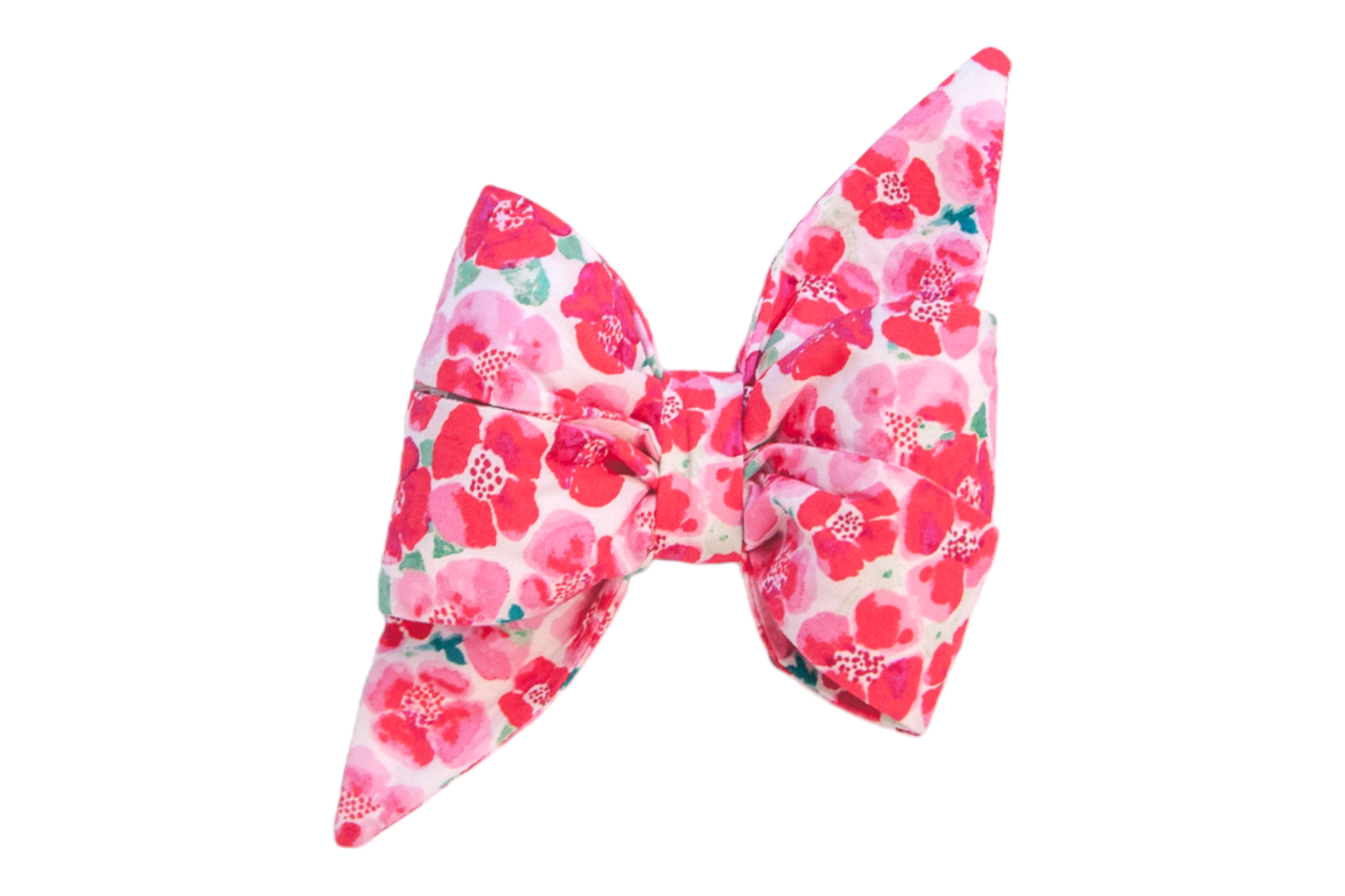 A feminine dog double-layer belle bow, featuring a lively floral print of pink, red, and coral flowers with touches of green on a soft white background. 