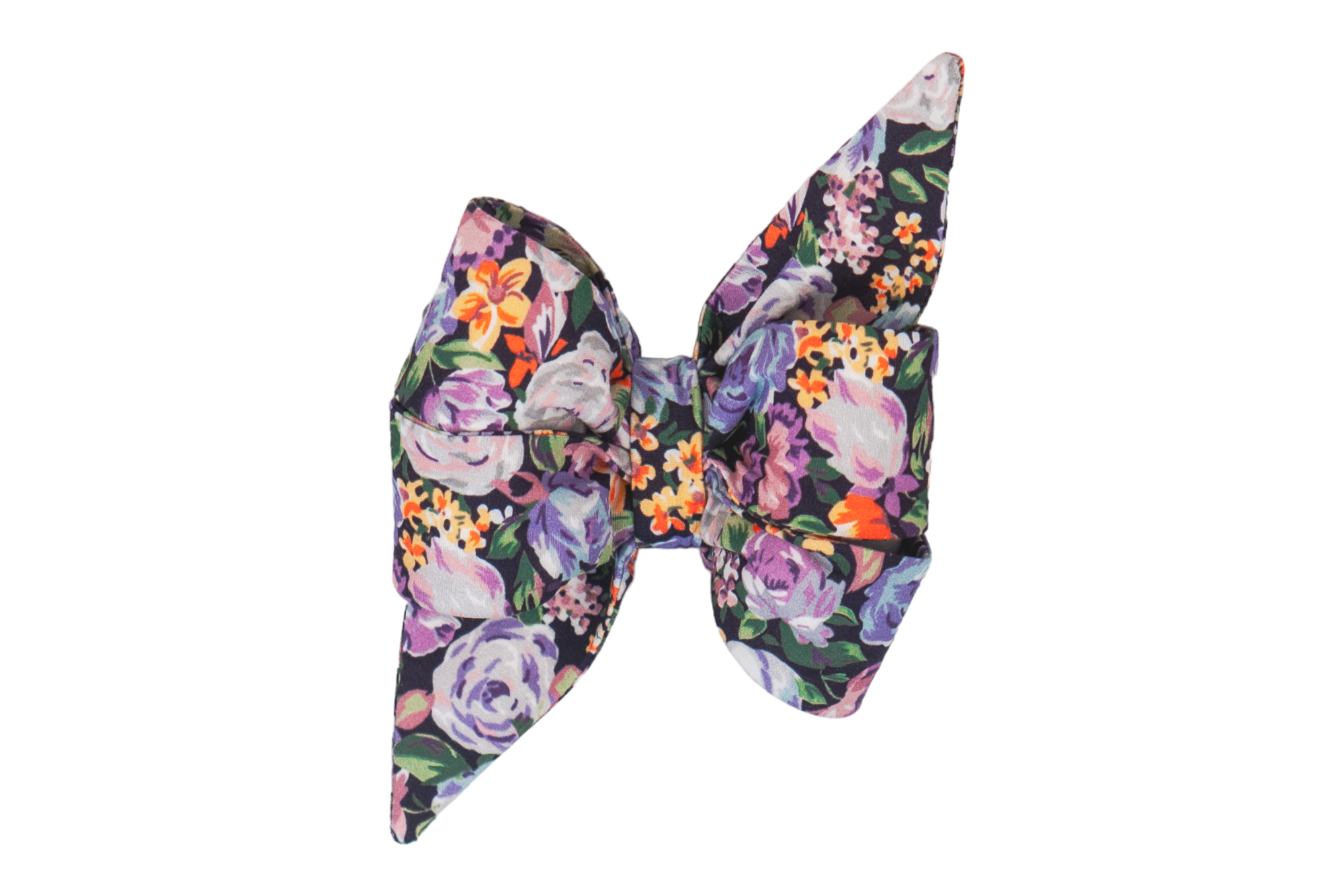 Bold and beautiful floral girl dog belle bow with vibrant purple, orange, and green blooms on a dark backdrop. Great floral pattern for Fall.