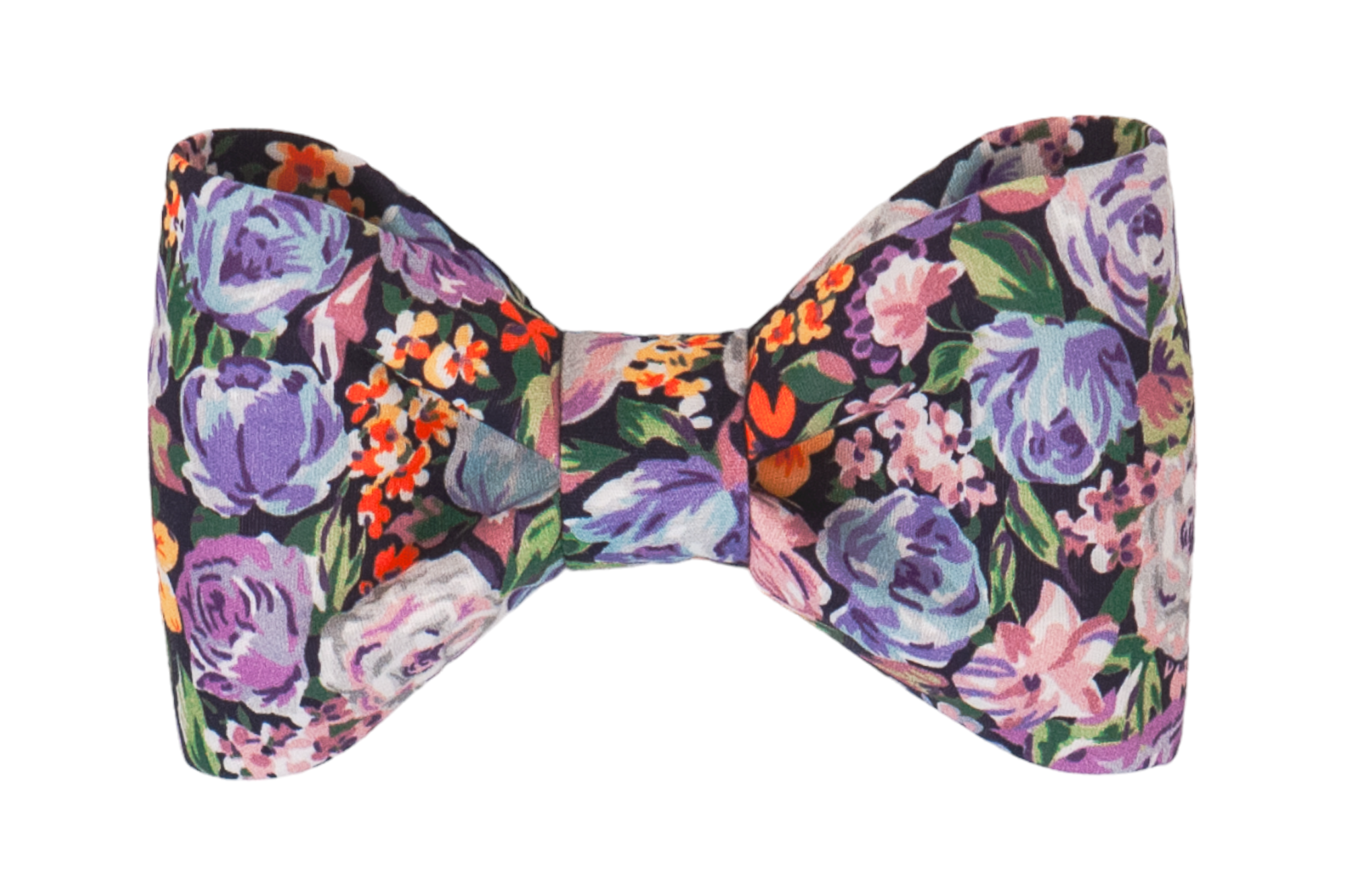 Bold and beautiful floral dog bow tie with vibrant purple, orange, and green blooms on a dark backdrop. Great floral pattern for Fall.