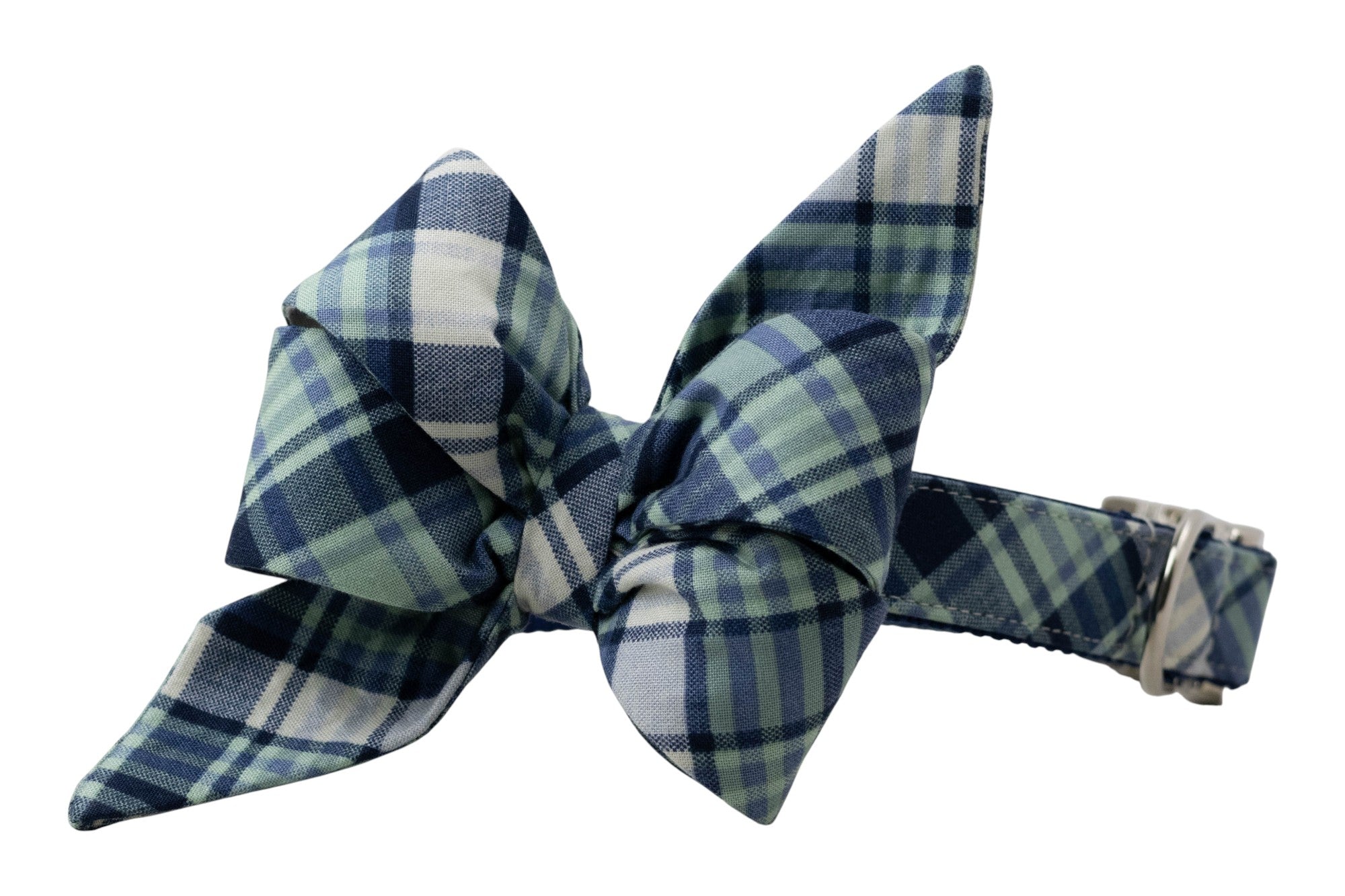 Dog collar adorned with an oversized feminine belle bow in classic blue and green plaid fabric, complete with loops and a shiny silver buckle.