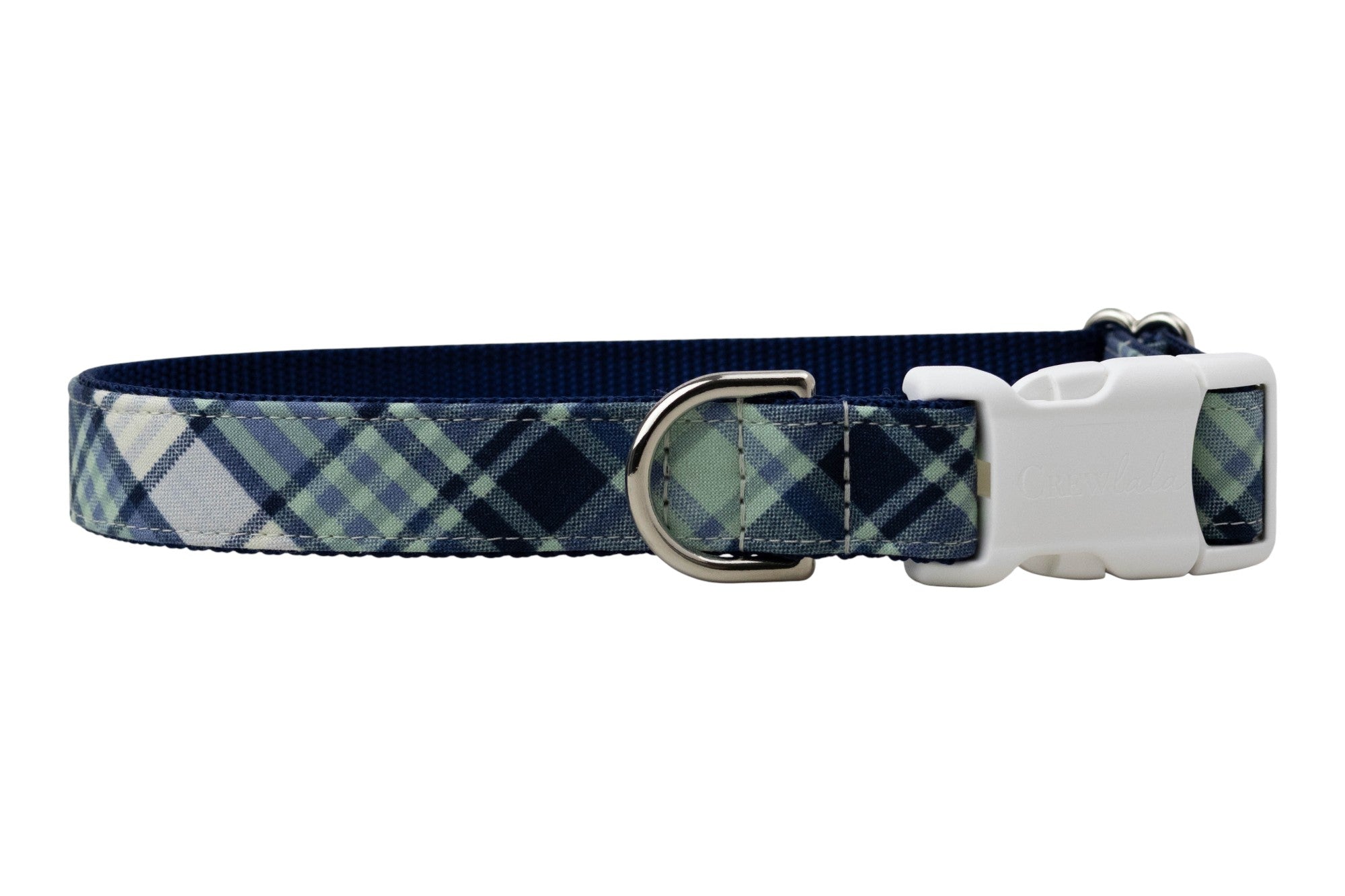 Adjustable dog collar with a navy and green plaid fabric overlay, featuring silver-tone hardware, a side-release white plastic buckle engraved with "Crewlala," and a matching D-ring.