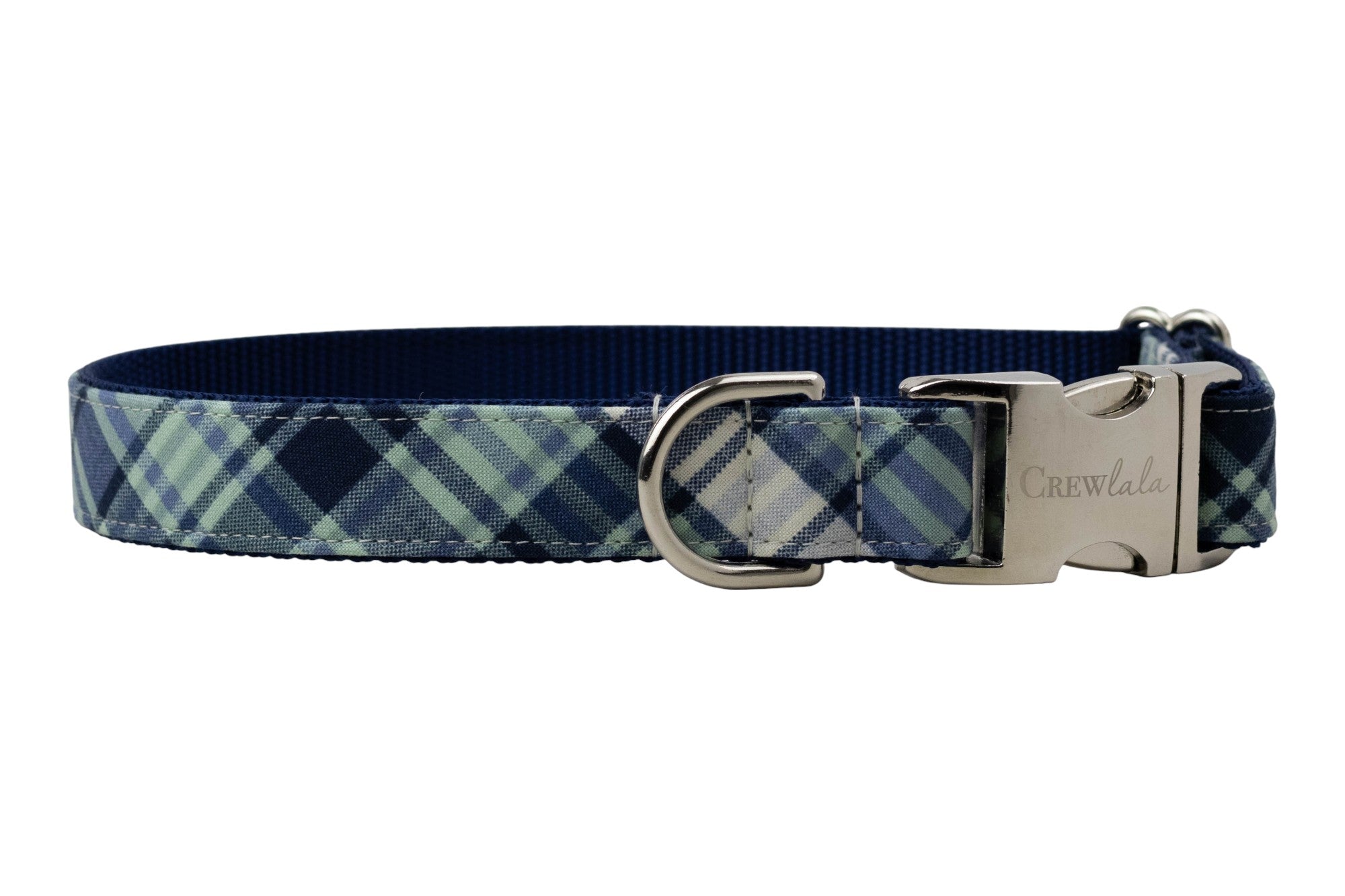 Adjustable dog collar with a navy and green plaid fabric overlay, featuring silver-tone hardware, a side-release buckle engraved with "Crewlala," and a matching D-ring.
