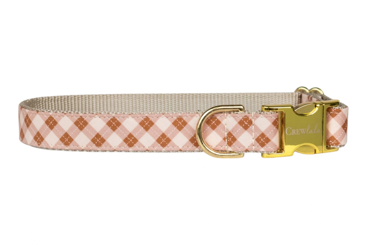 Prosecco Plaid dog collar with nylon inner lining, D-ring and buckle - Crew LaLa