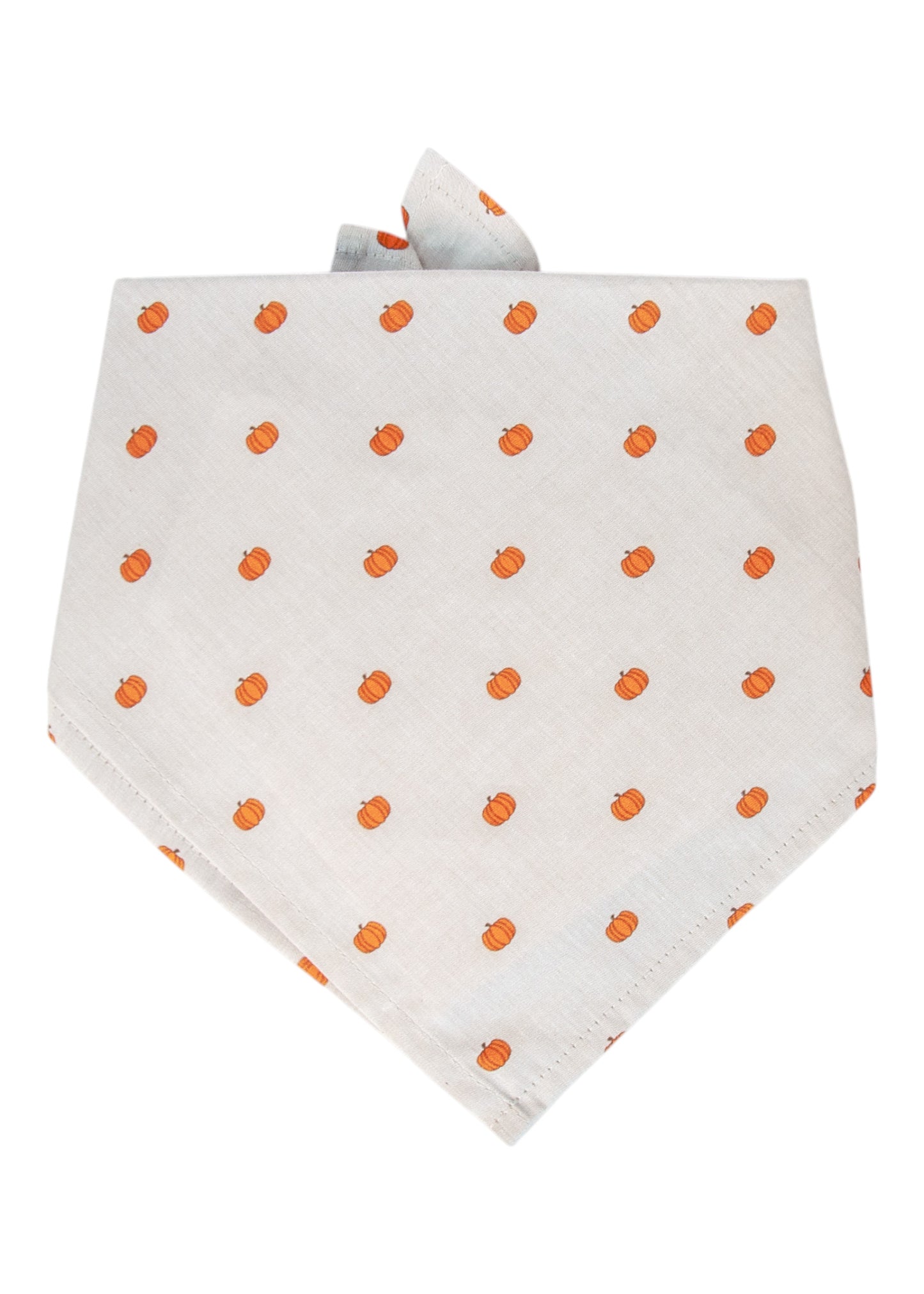 Neutral-toned dog bandana with a repetitive small pumpkin print on soft beige fabric. The classic triangular fold and tie-on design make it ideal for Halloween photos, Thanksgiving gatherings, or everyday fall flair.